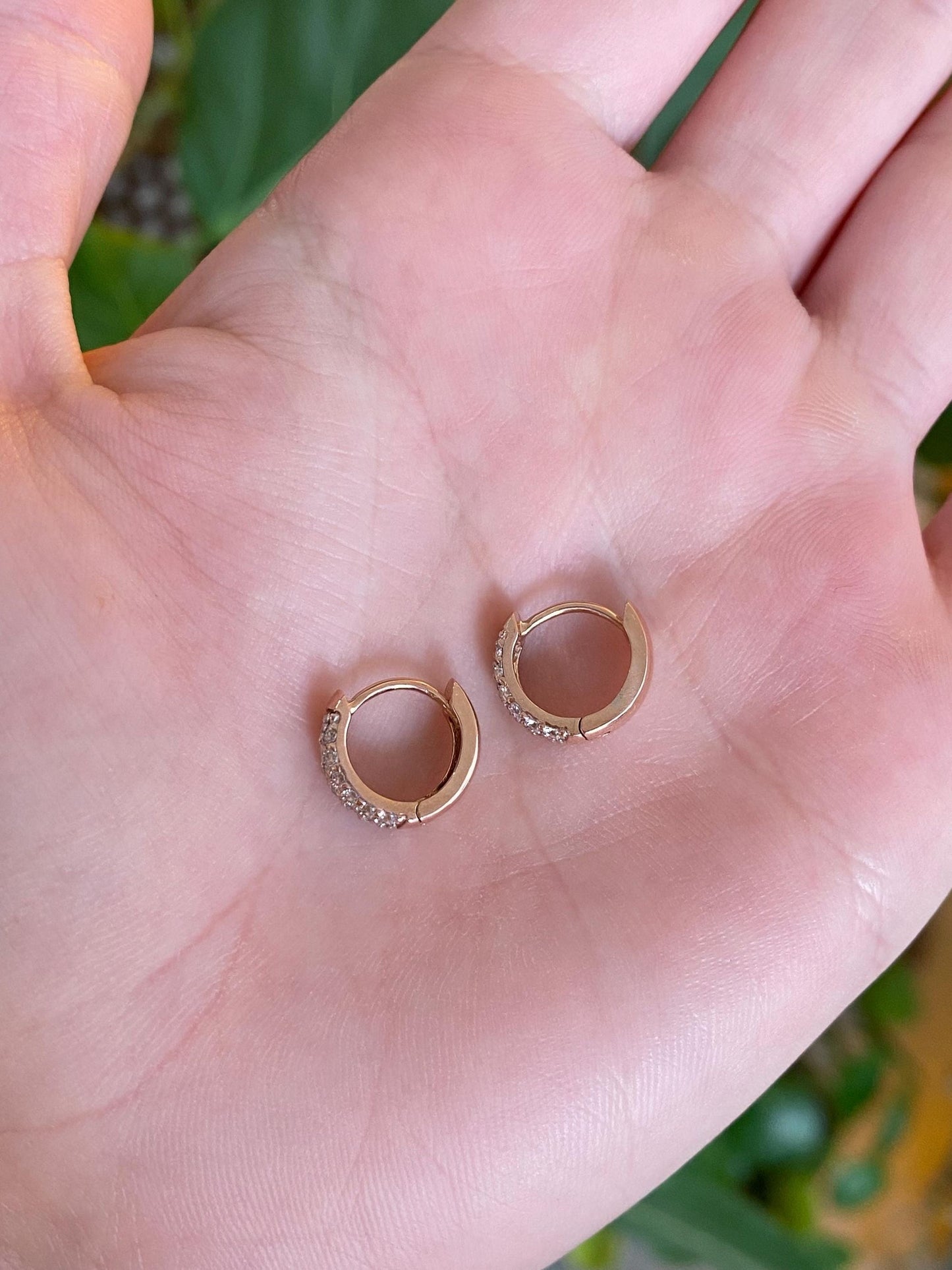 Vintage Solid 14k Rose Gold Clear Cubic Zirconia Huggie Hoop Earrings