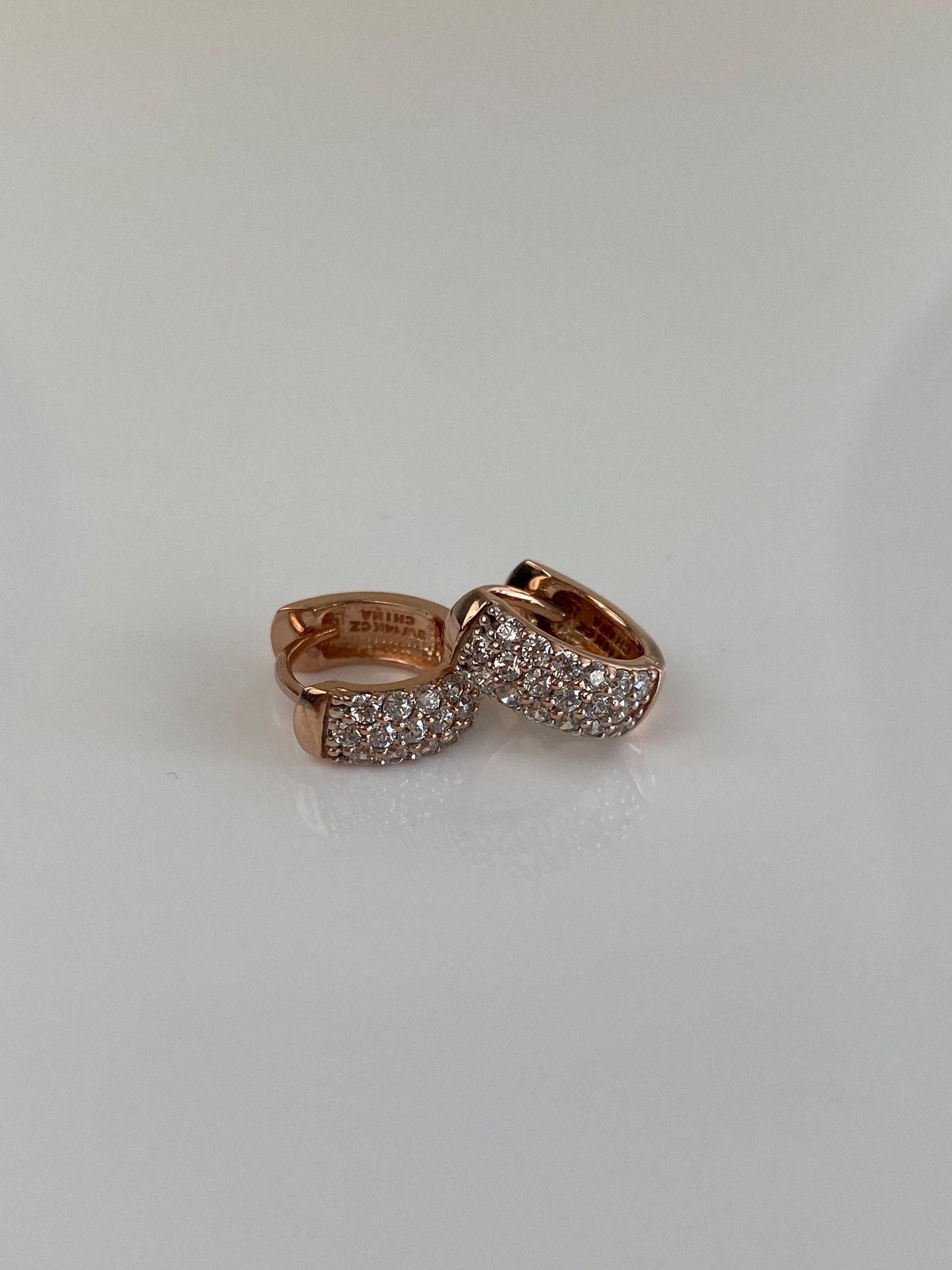 Vintage Solid 14k Rose Gold Clear Cubic Zirconia Huggie Hoop Earrings