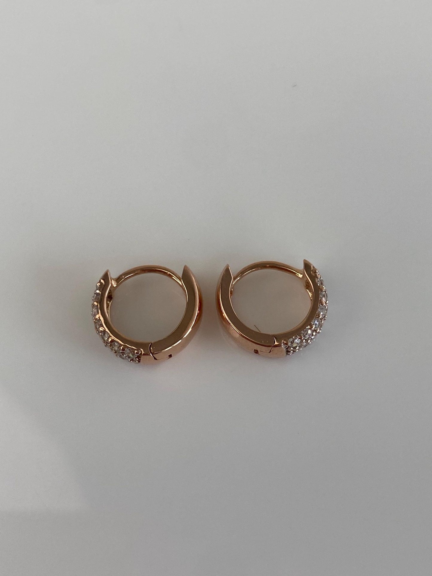 Vintage Solid 14k Rose Gold Clear Cubic Zirconia Huggie Hoop Earrings