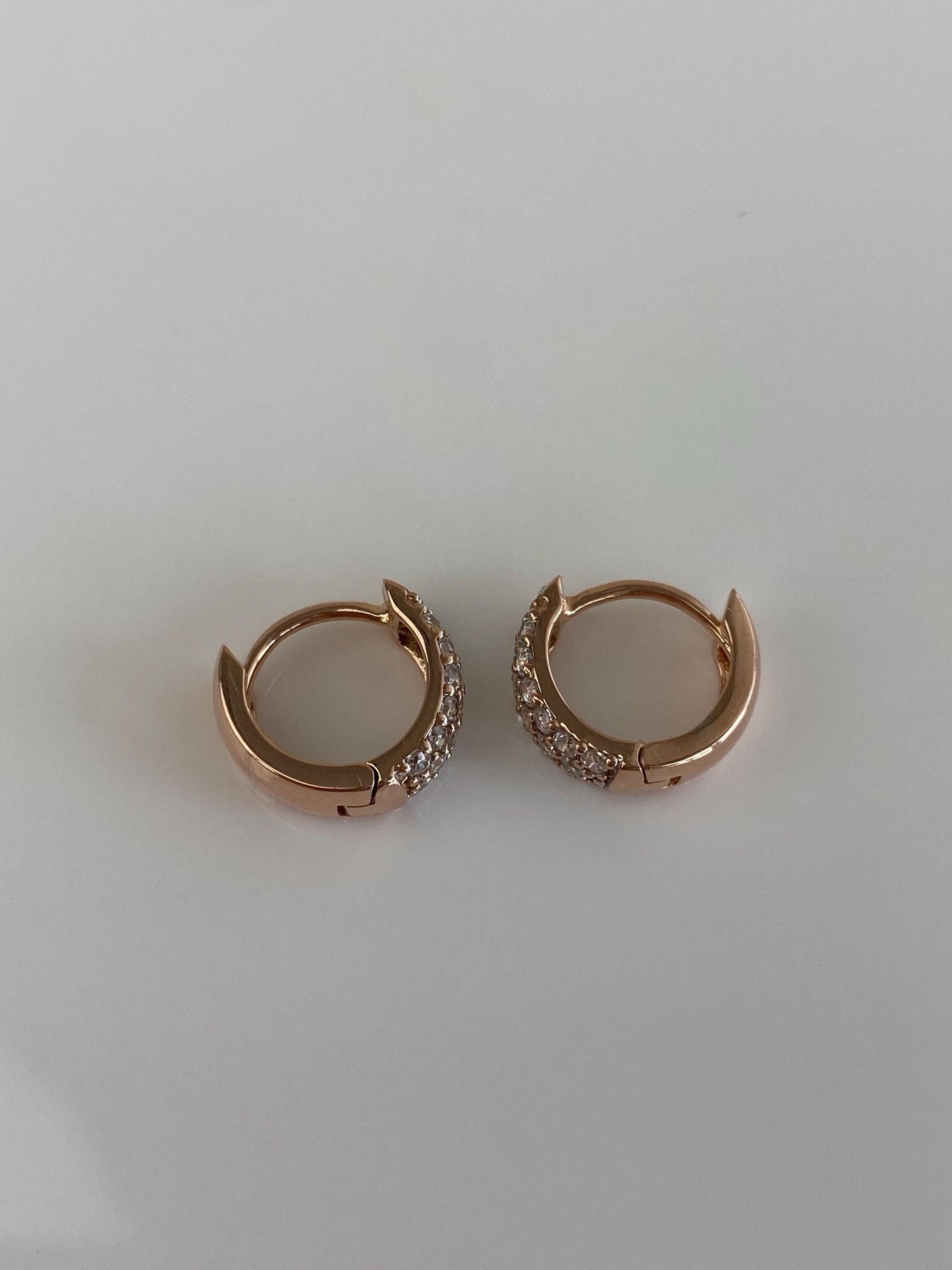 Vintage Solid 14k Rose Gold Clear Cubic Zirconia Huggie Hoop Earrings