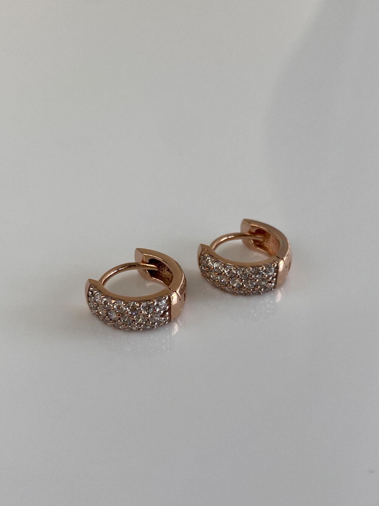 Vintage Solid 14k Rose Gold Clear Cubic Zirconia Huggie Hoop Earrings