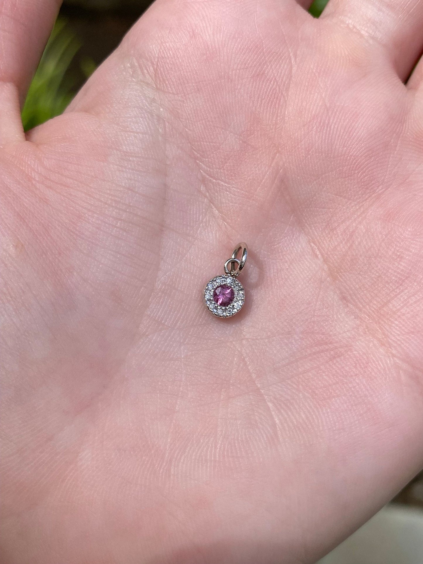 Vintage Solid 14k White Gold Little Pink Tourmaline & Diamond Charm