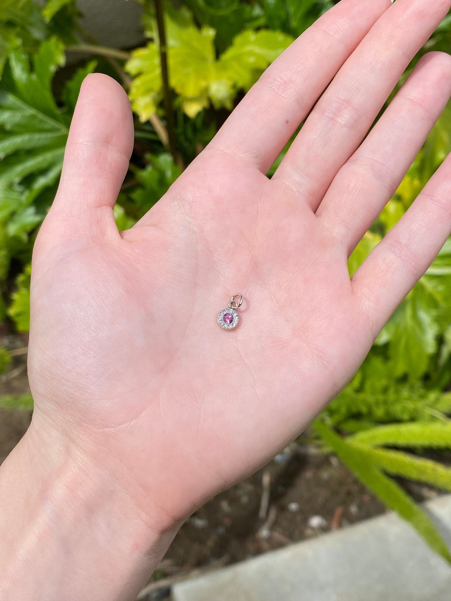 Vintage Solid 14k White Gold Little Pink Tourmaline & Diamond Charm