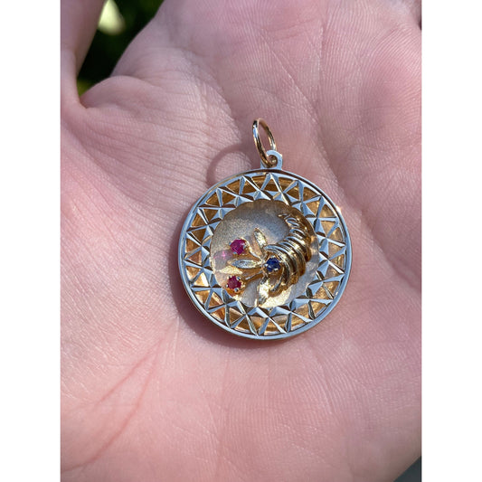Vintage Solid 14k Yellow Gold Blue Sapphire Pink Spinel Cornucopia Charm