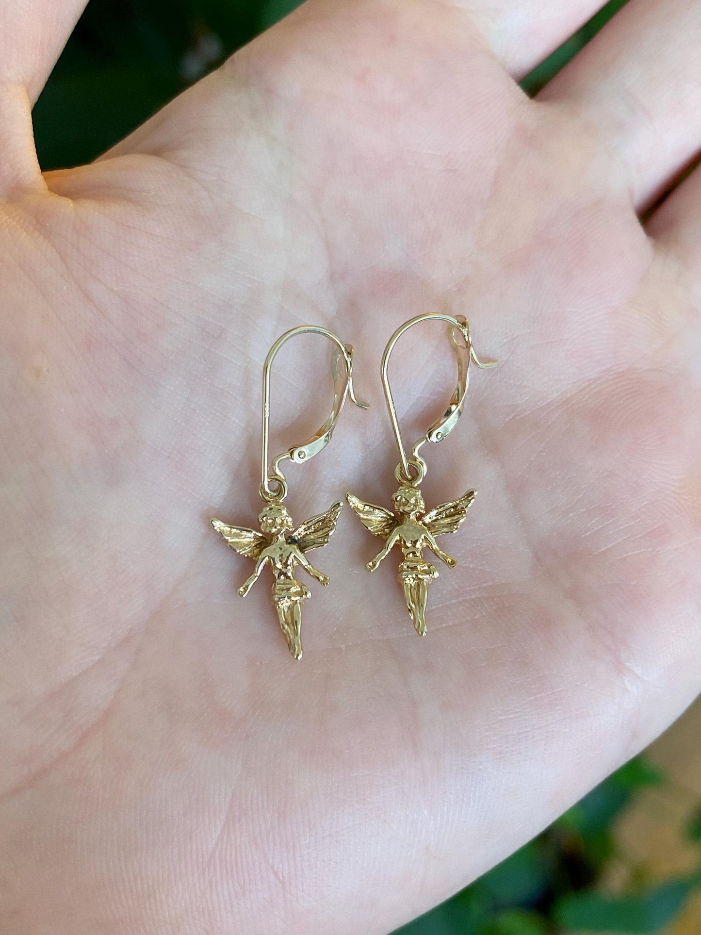 Vintage Solid 14k Yellow Gold Angel Dangle Earrings