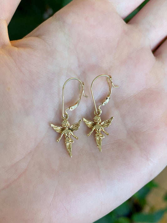 Vintage Solid 14k Yellow Gold Angel Dangle Earrings