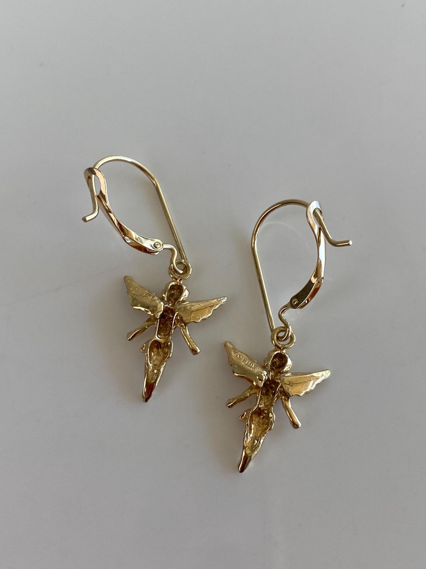 Vintage Solid 14k Yellow Gold Angel Dangle Earrings