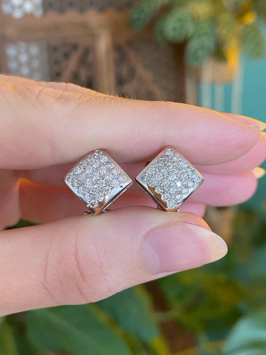 Vintage Solid 14k White Gold Diamond Square Drop Earrings