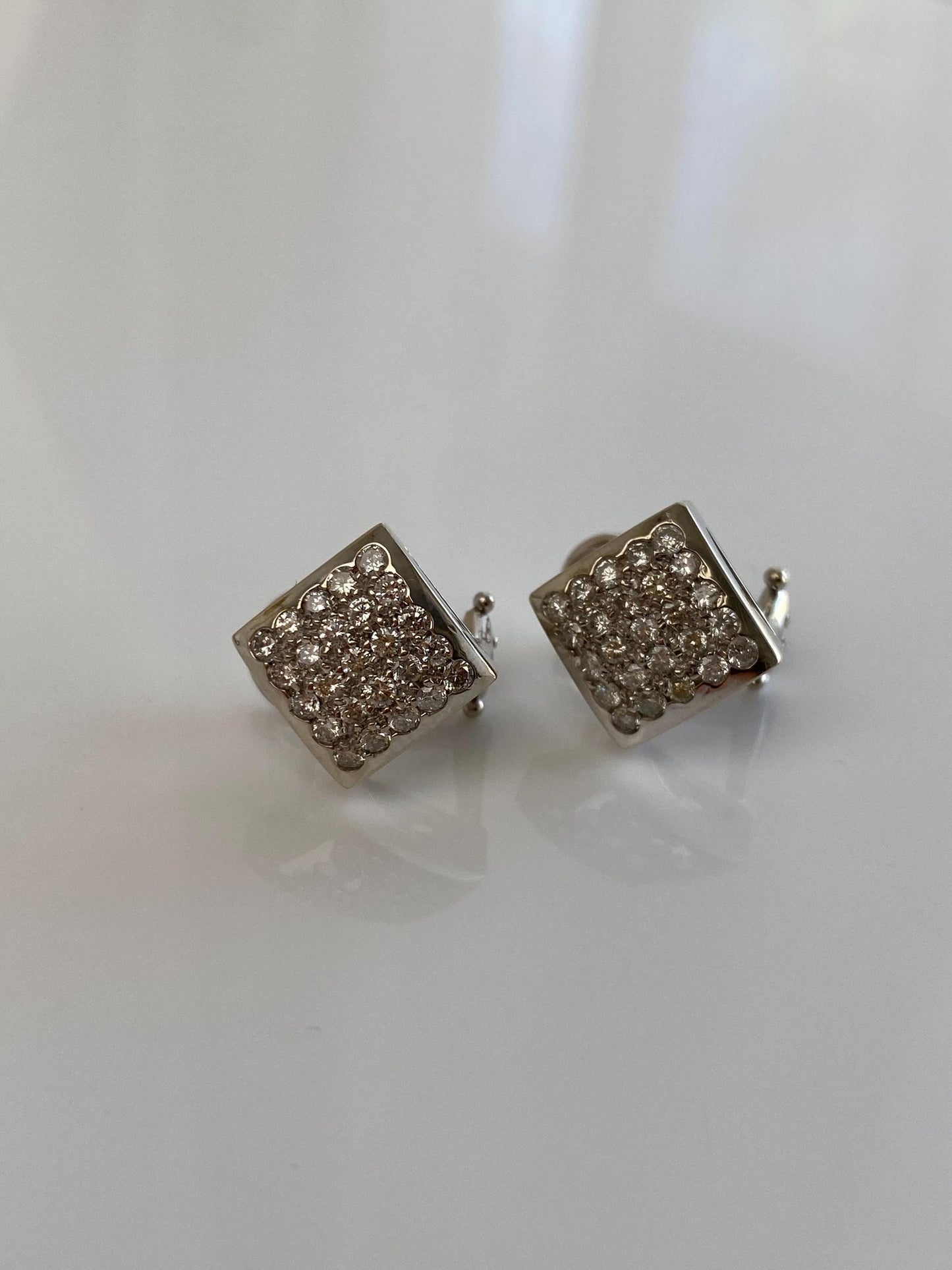 Vintage Solid 14k White Gold Diamond Square Drop Earrings