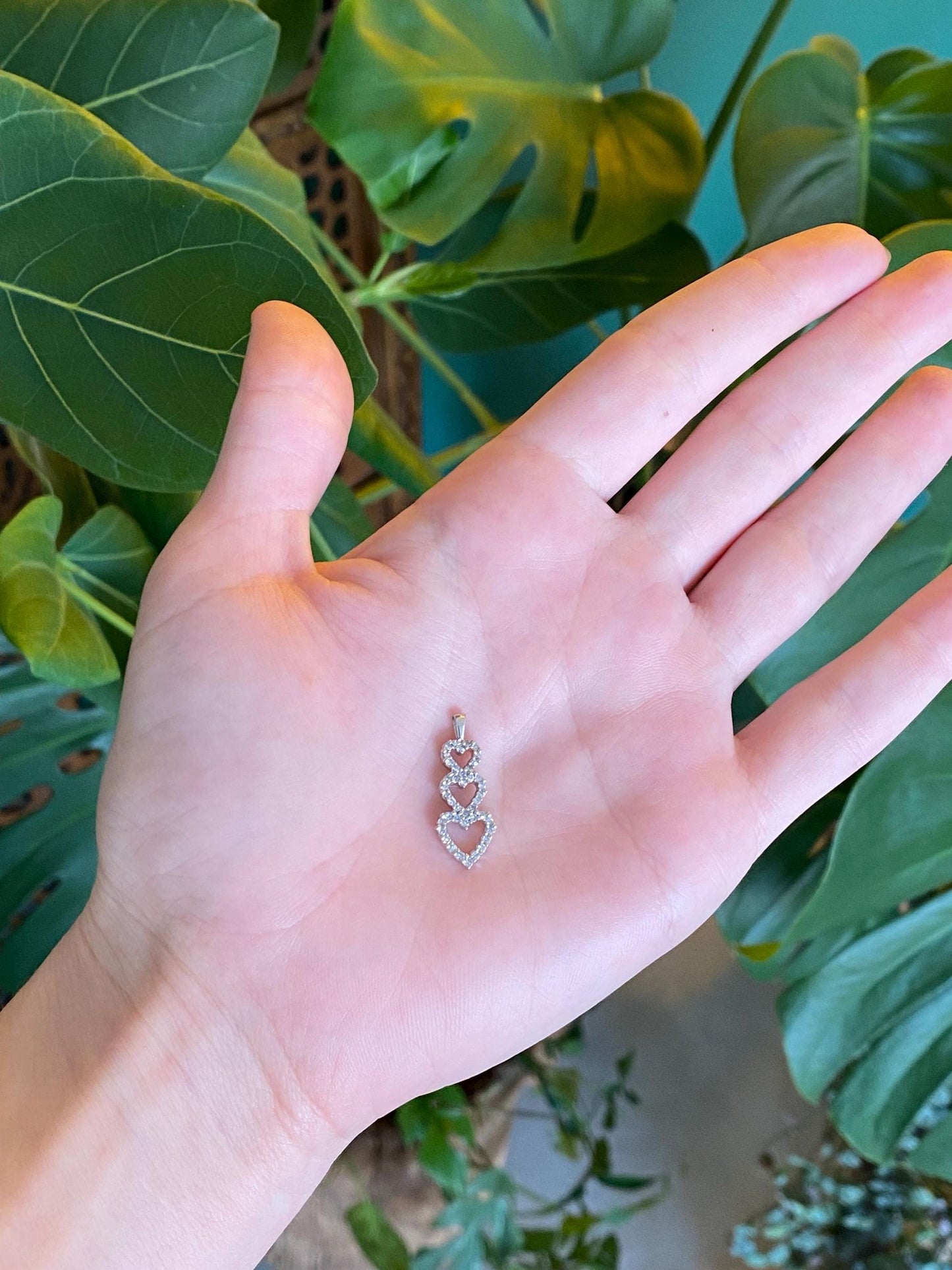 Vintage Solid 14k White Gold Diamond Hearts Charm