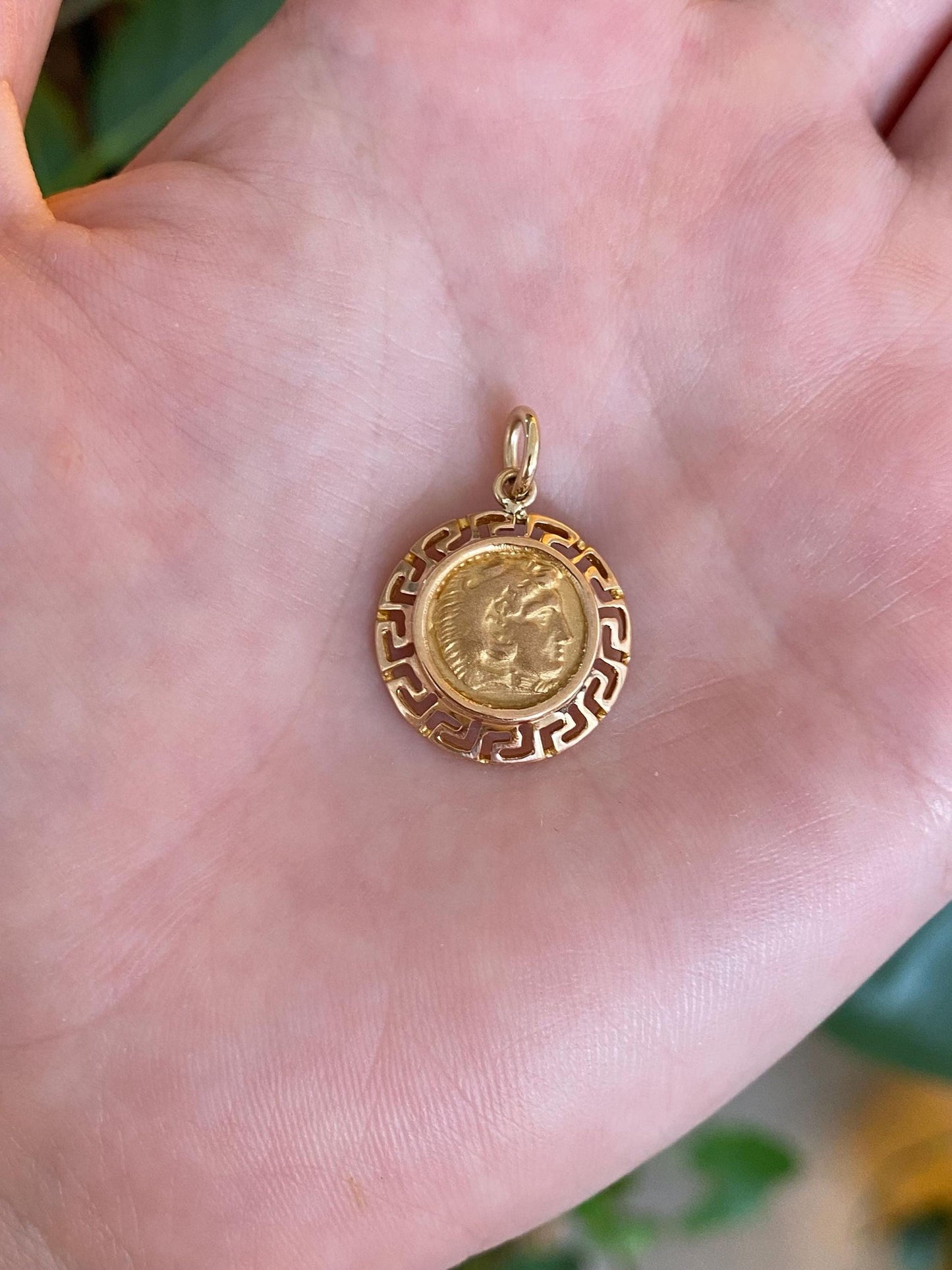 Vintage Solid 18k Yellow Gold Roman Coin Greek Key Border Charm