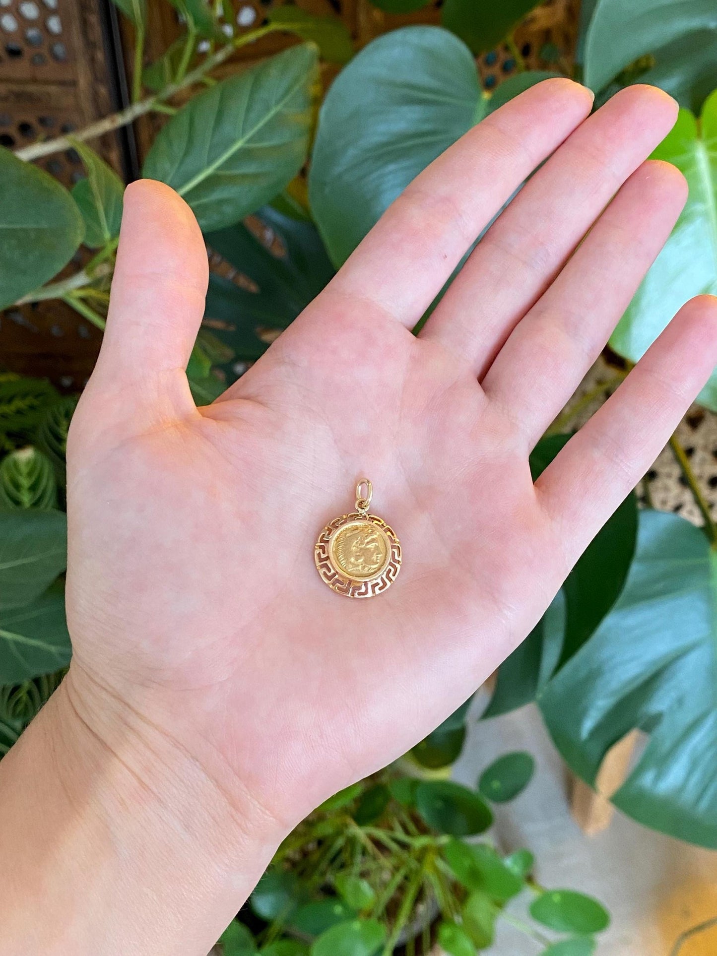 Vintage Solid 18k Yellow Gold Roman Coin Greek Key Border Charm