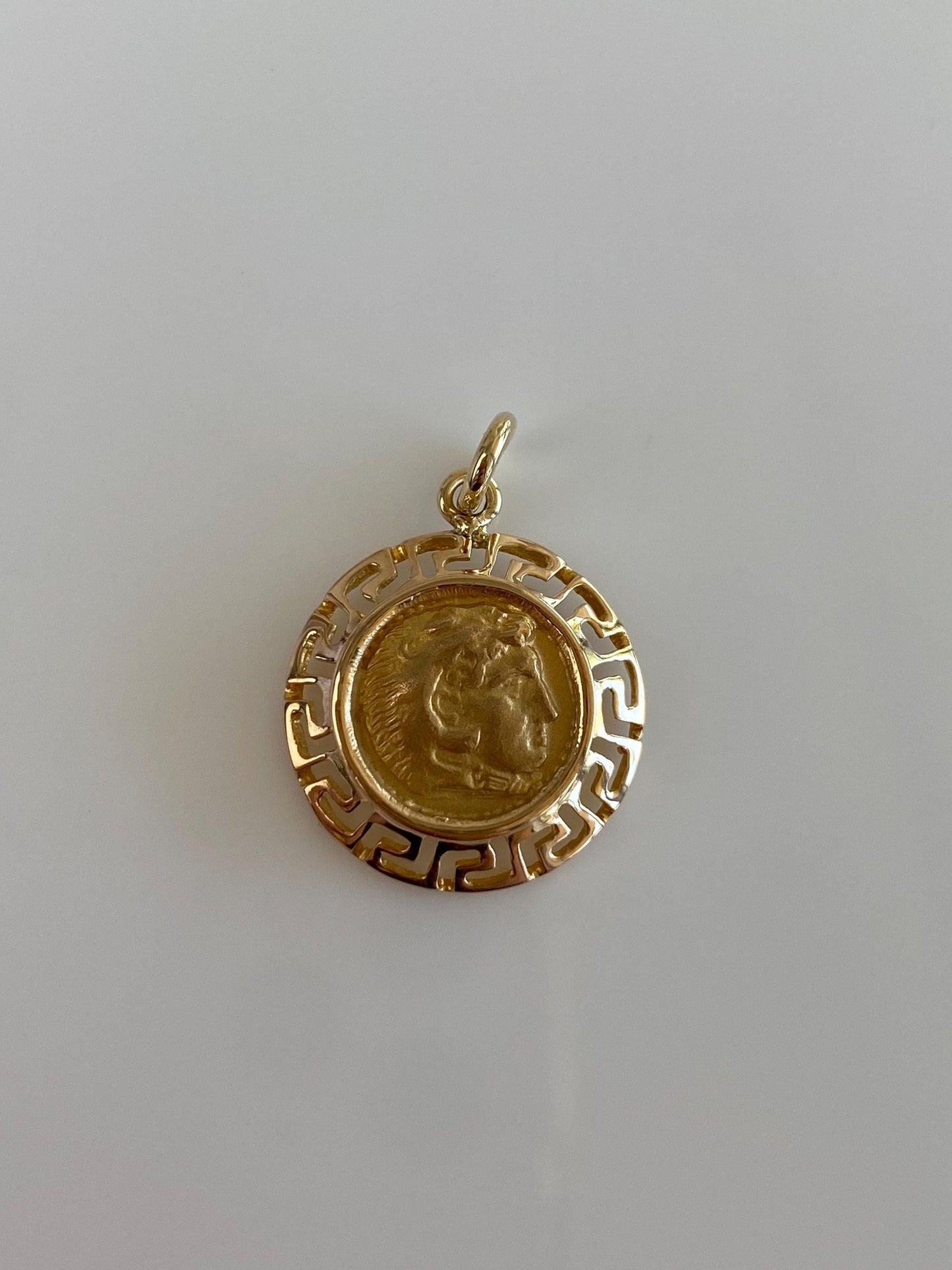 Vintage Solid 18k Yellow Gold Roman Coin Greek Key Border Charm