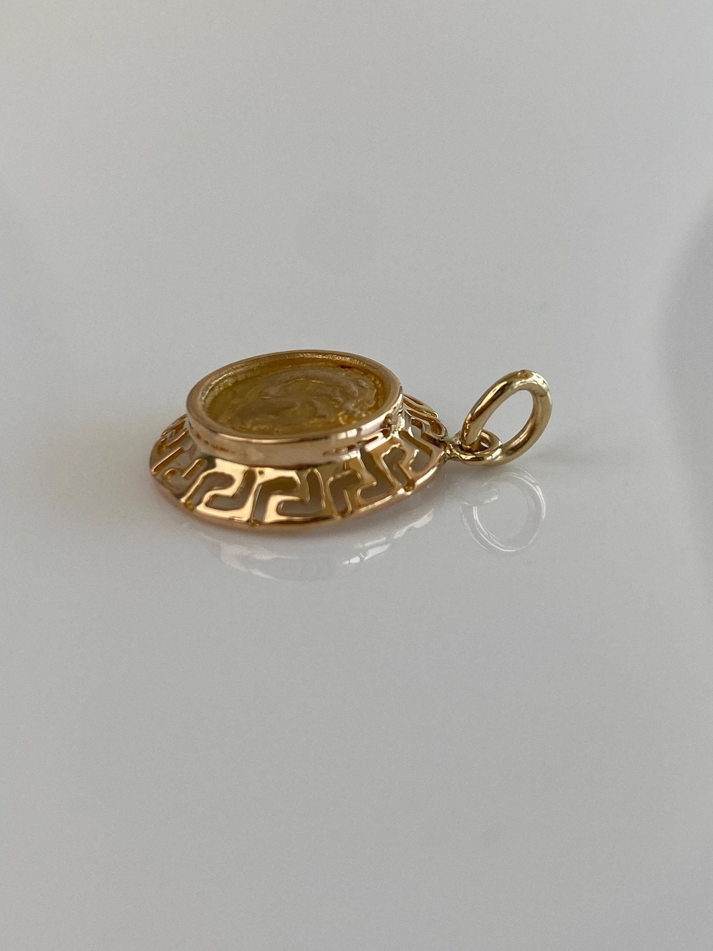 Vintage Solid 18k Yellow Gold Roman Coin Greek Key Border Charm