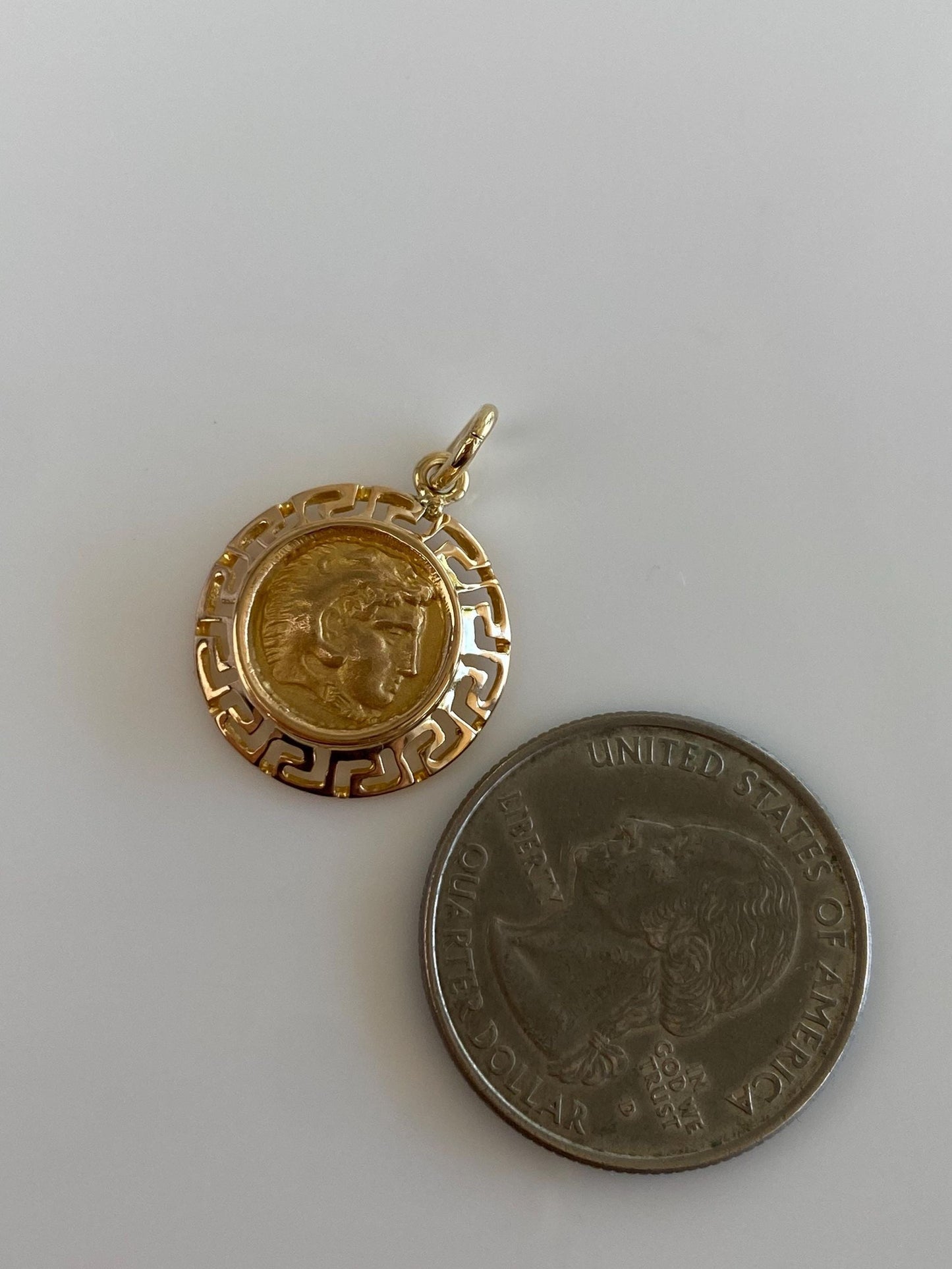 Vintage Solid 18k Yellow Gold Roman Coin Greek Key Border Charm