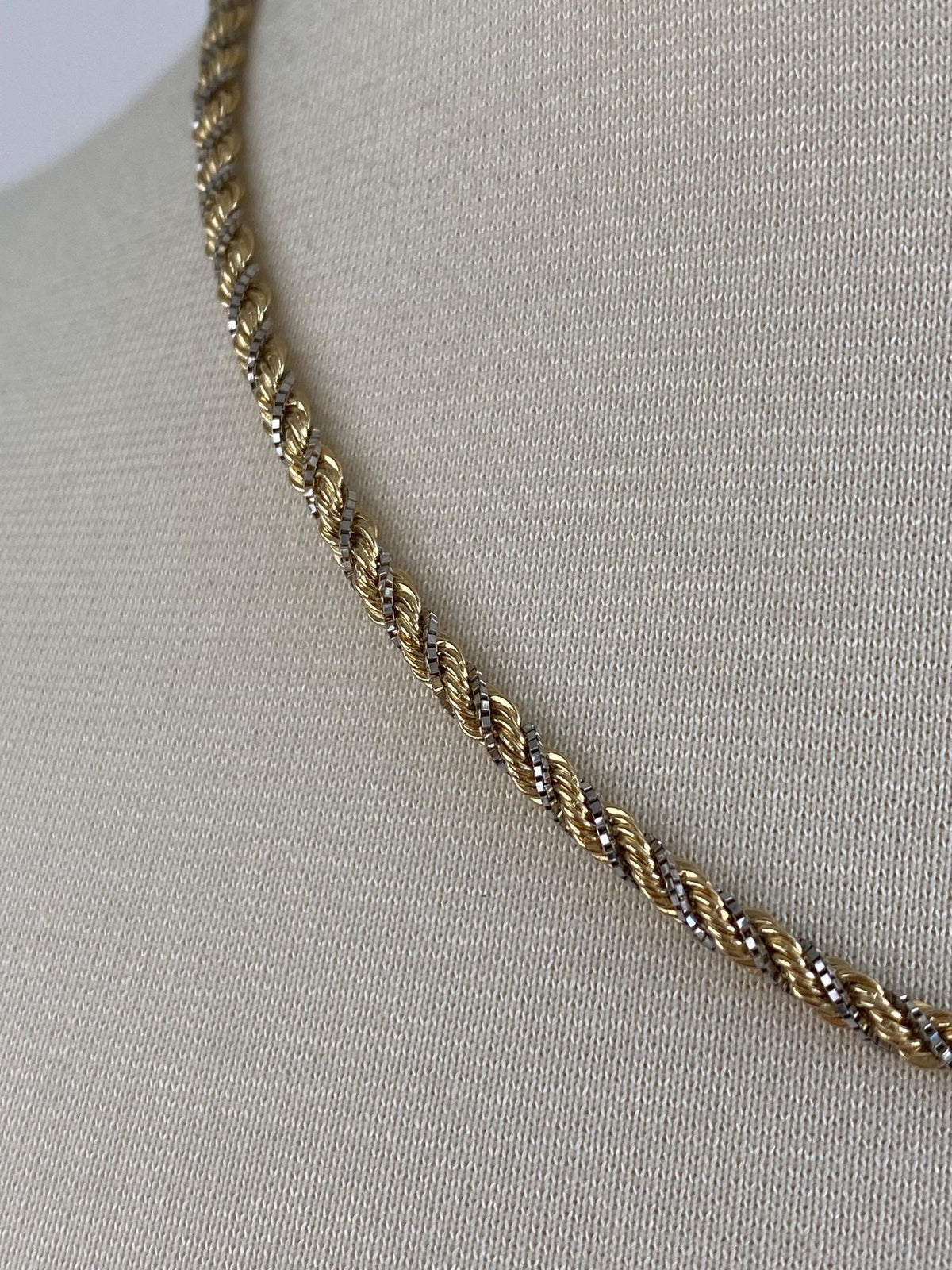 Vintage Solid 14k White & Yellow Gold Twisted Box Chain Rope Chain Necklace - 17.75 inches