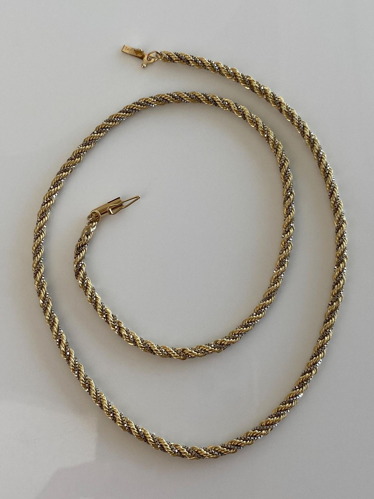 Vintage Solid 14k White & Yellow Gold Twisted Box Chain Rope Chain Necklace - 17.75 inches