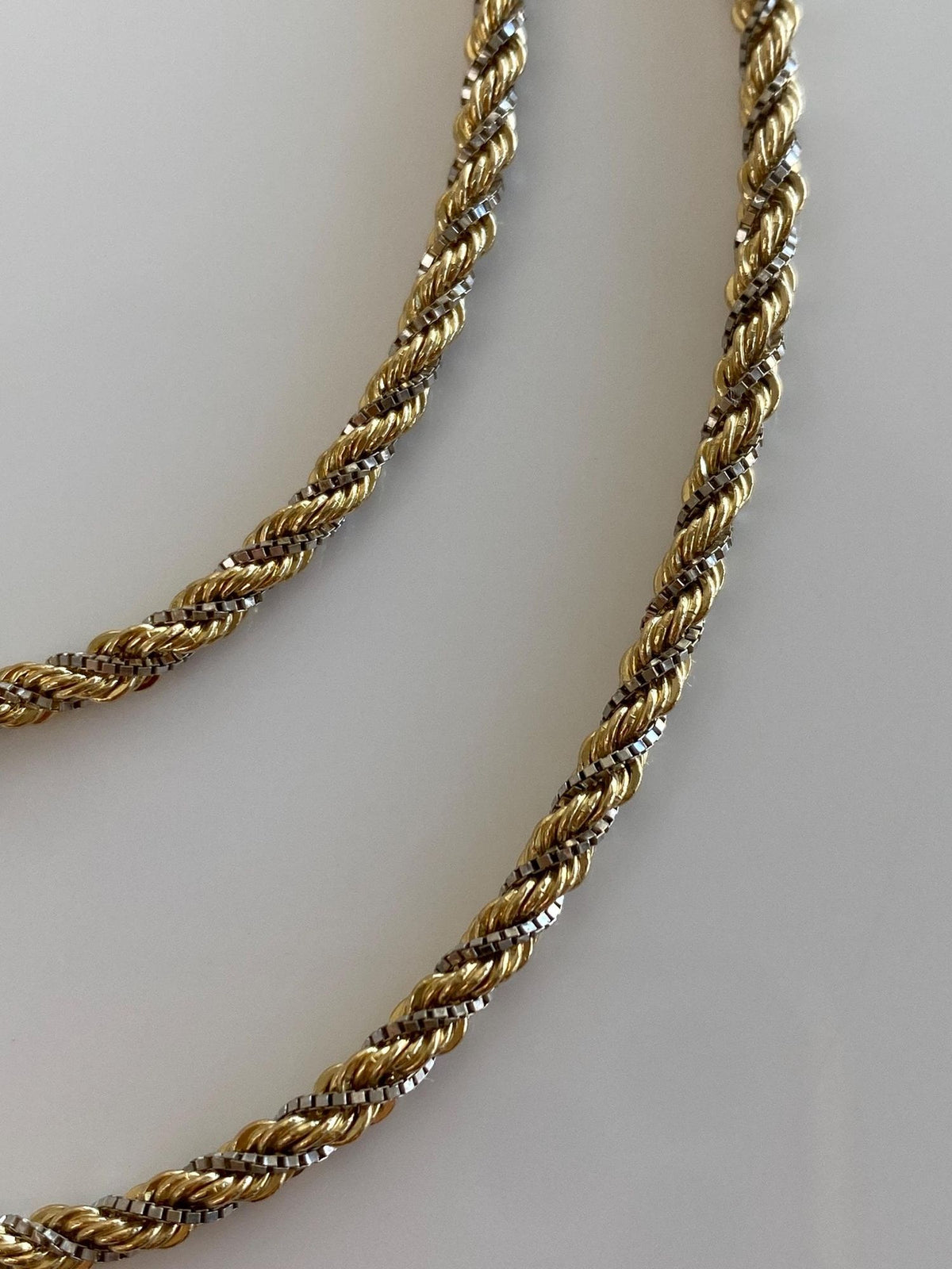 Vintage Solid 14k White & Yellow Gold Twisted Box Chain Rope Chain Necklace - 17.75 inches