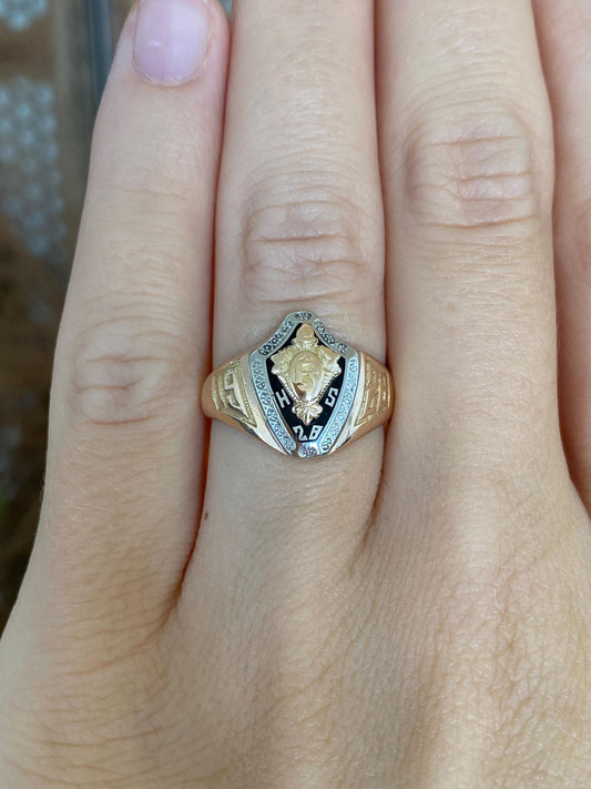 Vintage Solid 10k White & Rosey Gold Black Onyx 1928 Class Ring - Size 5.75