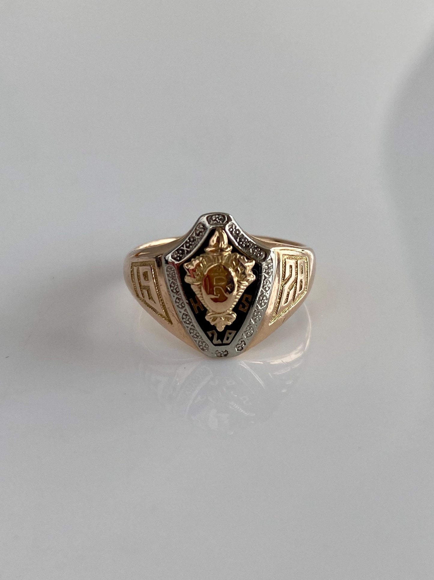 Vintage Solid 10k White & Rosey Gold Black Onyx 1928 Class Ring - Size 5.75