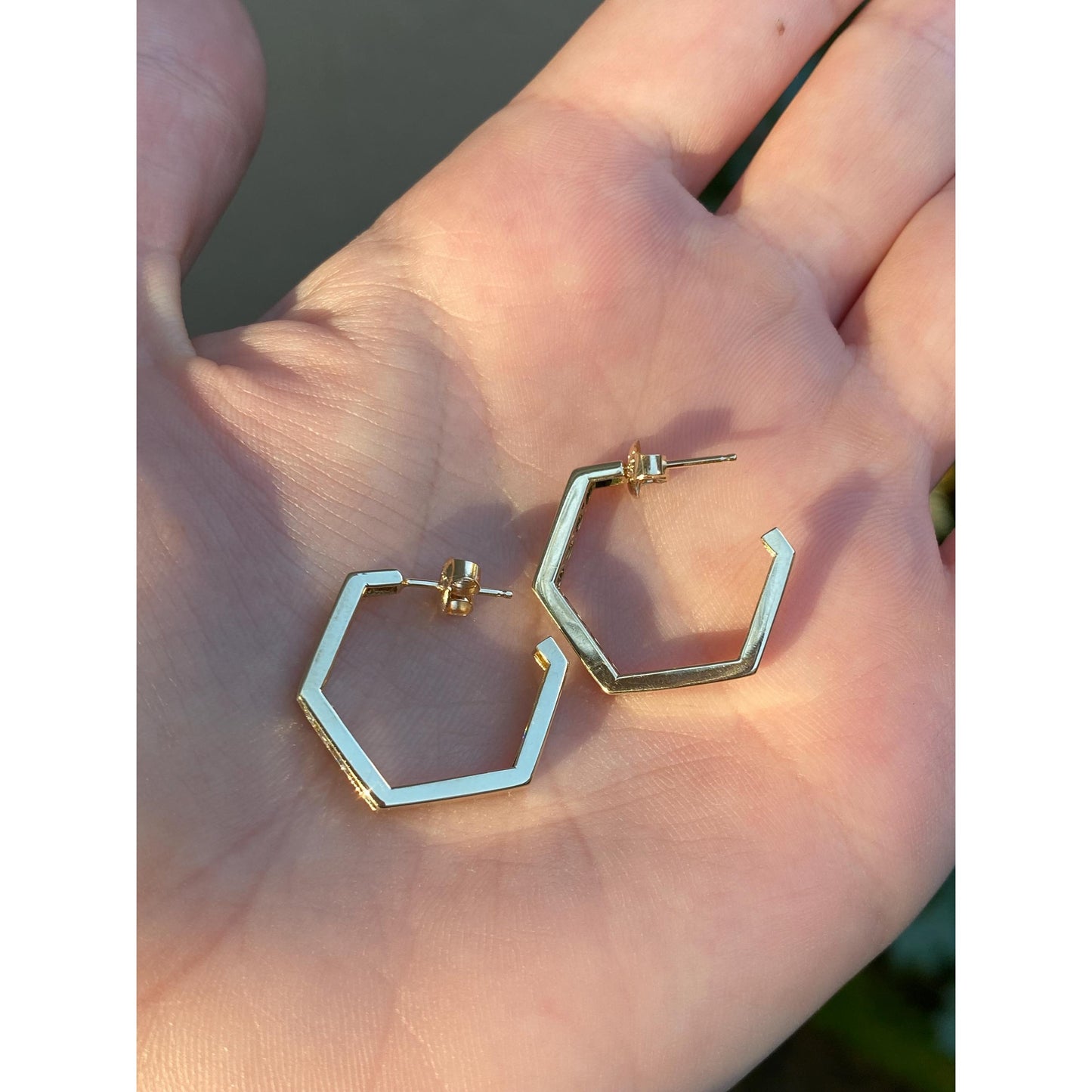 Solid 14k Yellow Gold Cubic Zirconia Hexagonal Hoop Earrings