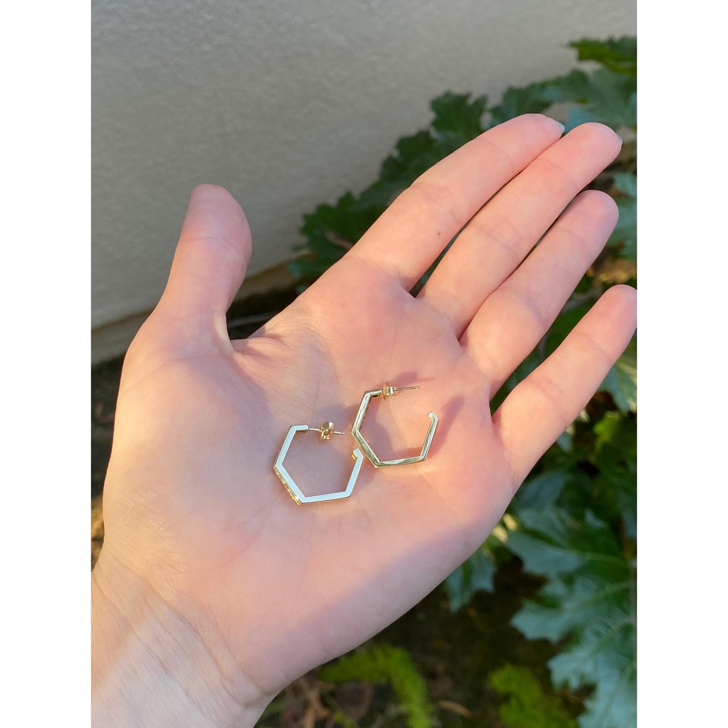 Solid 14k Yellow Gold Cubic Zirconia Hexagonal Hoop Earrings