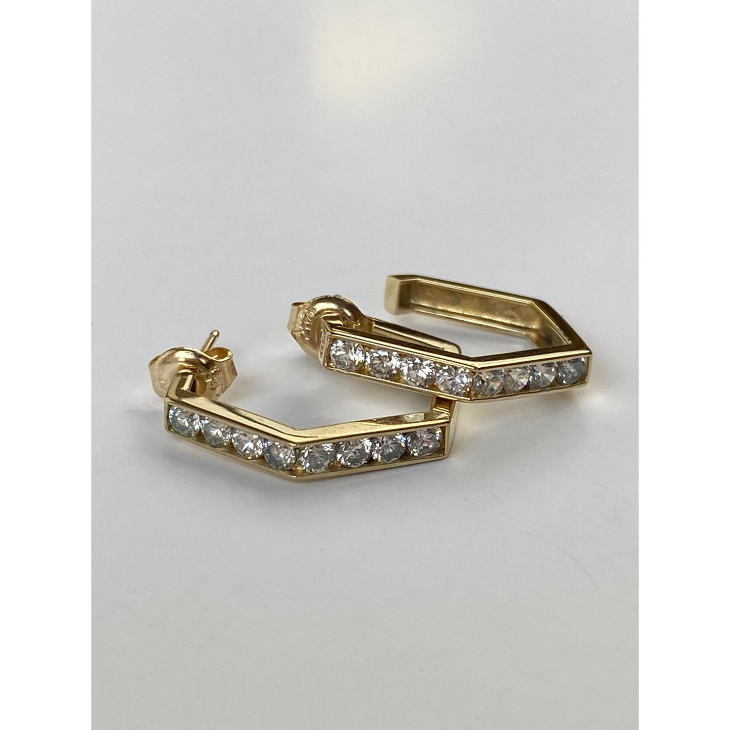Solid 14k Yellow Gold Cubic Zirconia Hexagonal Hoop Earrings