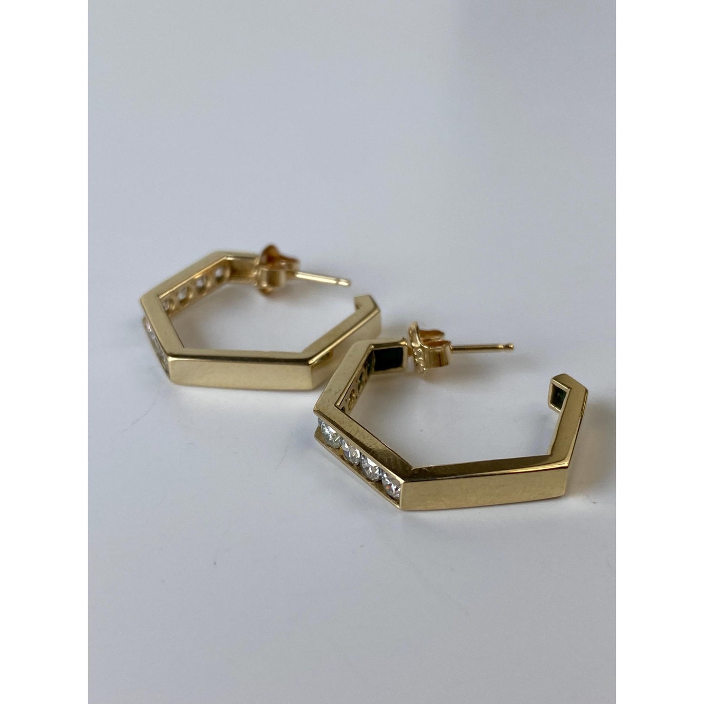 Solid 14k Yellow Gold Cubic Zirconia Hexagonal Hoop Earrings