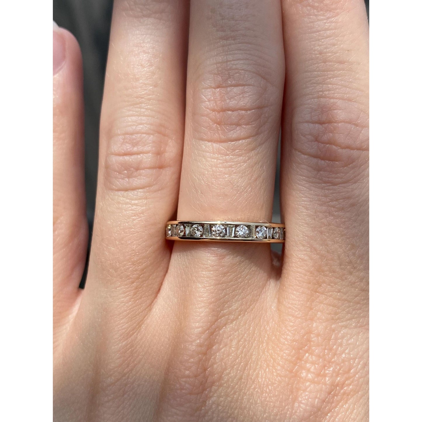 Vintage Solid 14k Yellow Gold Baguette & Round Diamond Eternity Ring Band - Size 8