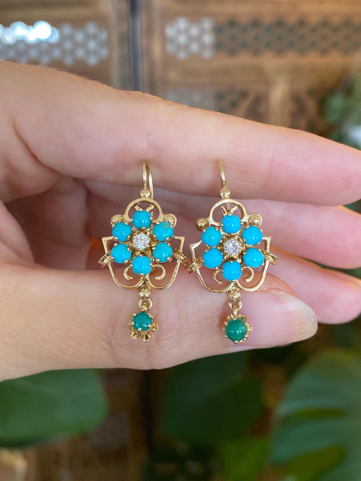 Vintage Solid 14k Yellow Gold Diamond Turquoise Cluster Drop Earrings