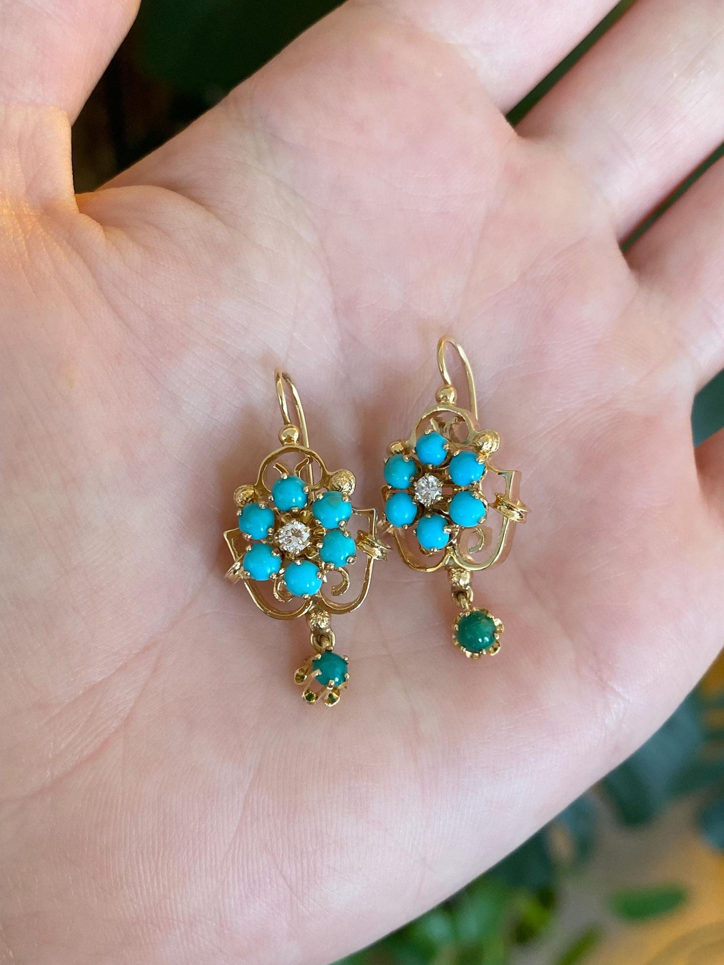 Vintage Solid 14k Yellow Gold Diamond Turquoise Cluster Drop Earrings