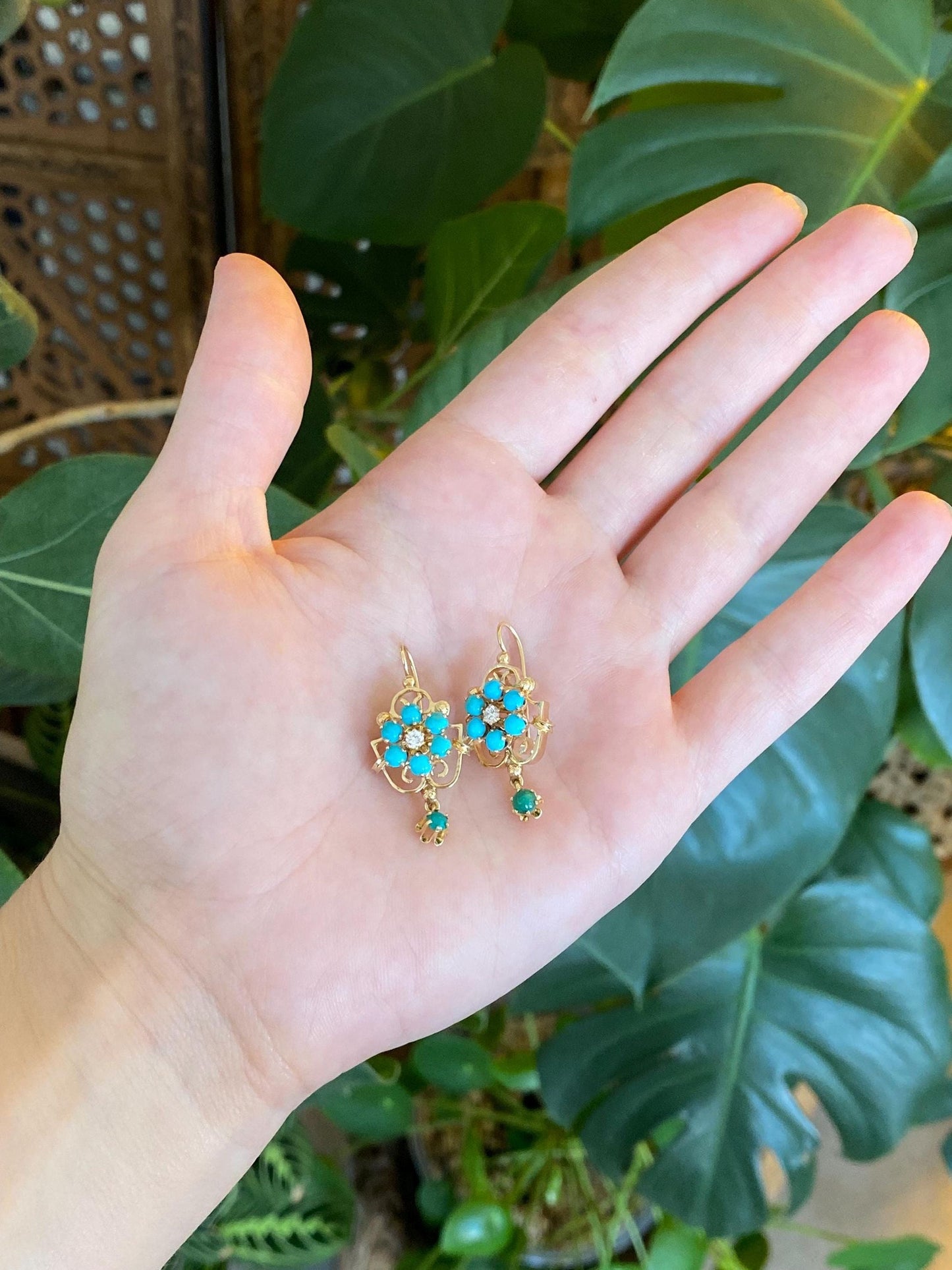 Vintage Solid 14k Yellow Gold Diamond Turquoise Cluster Drop Earrings