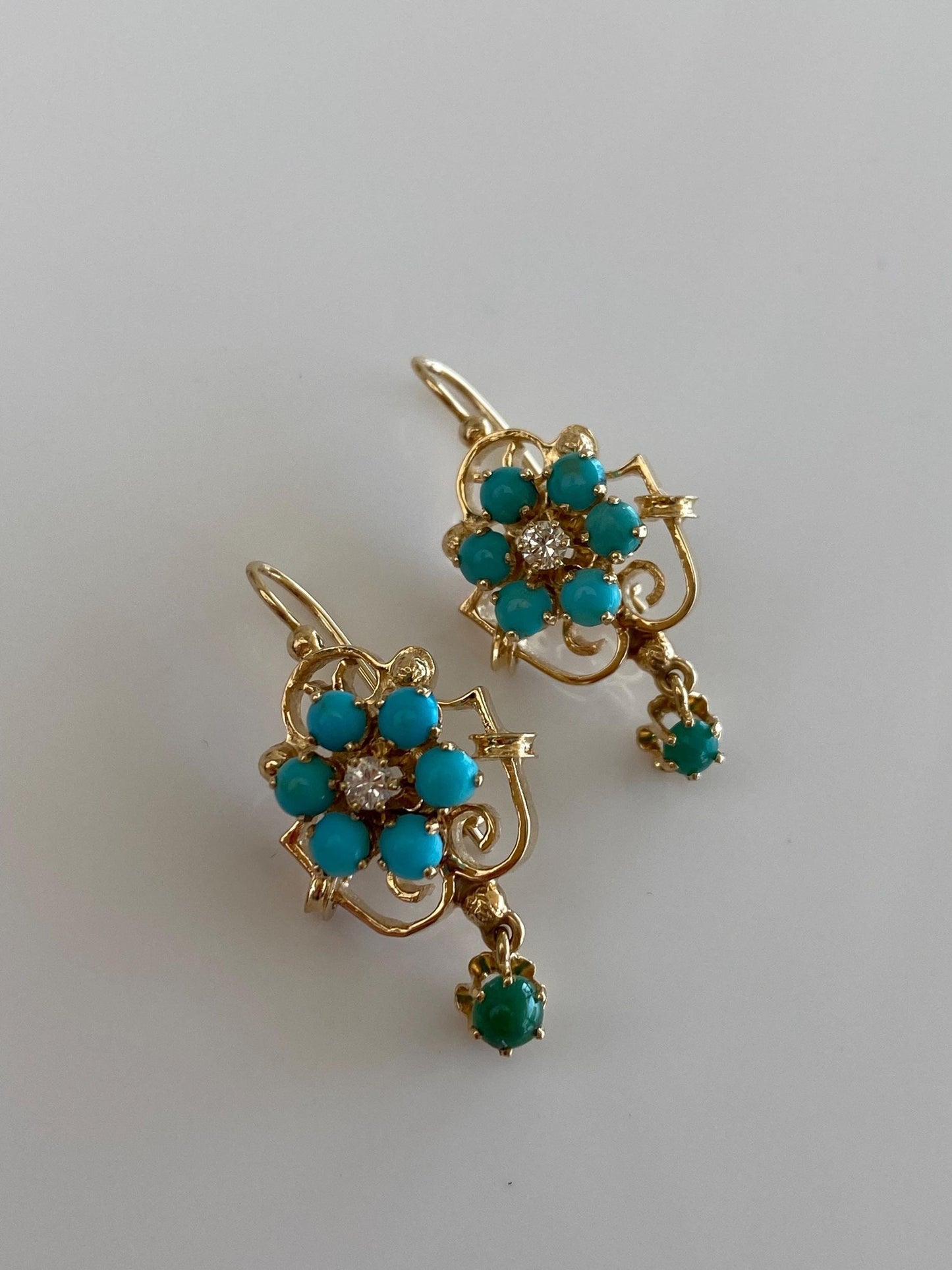 Vintage Solid 14k Yellow Gold Diamond Turquoise Cluster Drop Earrings
