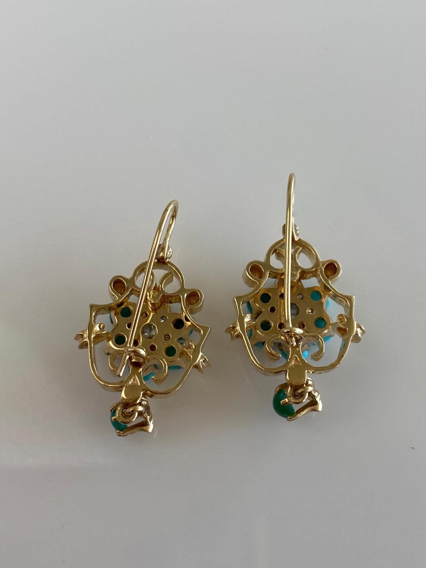 Vintage Solid 14k Yellow Gold Diamond Turquoise Cluster Drop Earrings