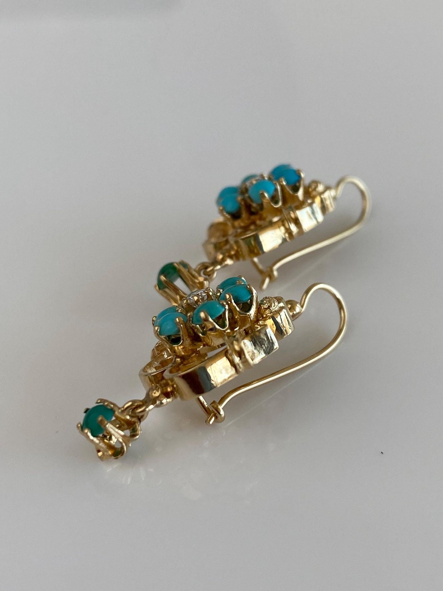 Vintage Solid 14k Yellow Gold Diamond Turquoise Cluster Drop Earrings
