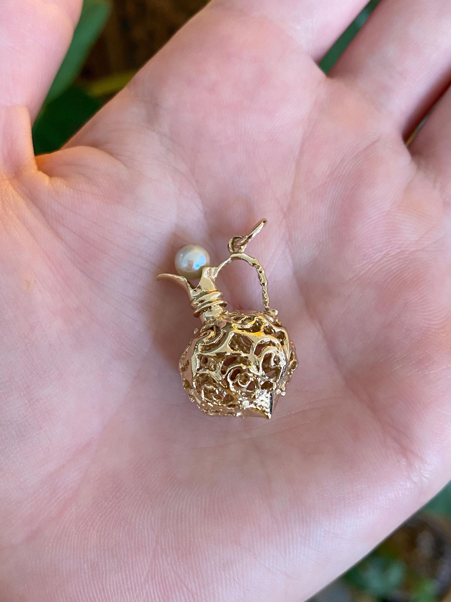 Vintage Solid 14k Yellow Gold Pearl Open Work Pitcher Charm