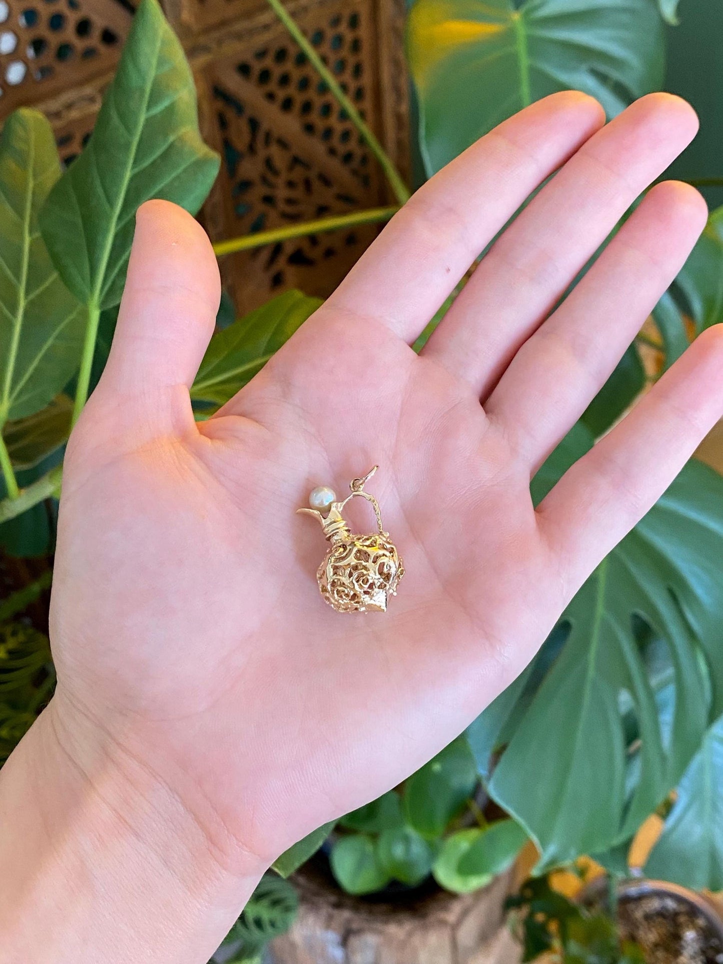 Vintage Solid 14k Yellow Gold Pearl Open Work Pitcher Charm