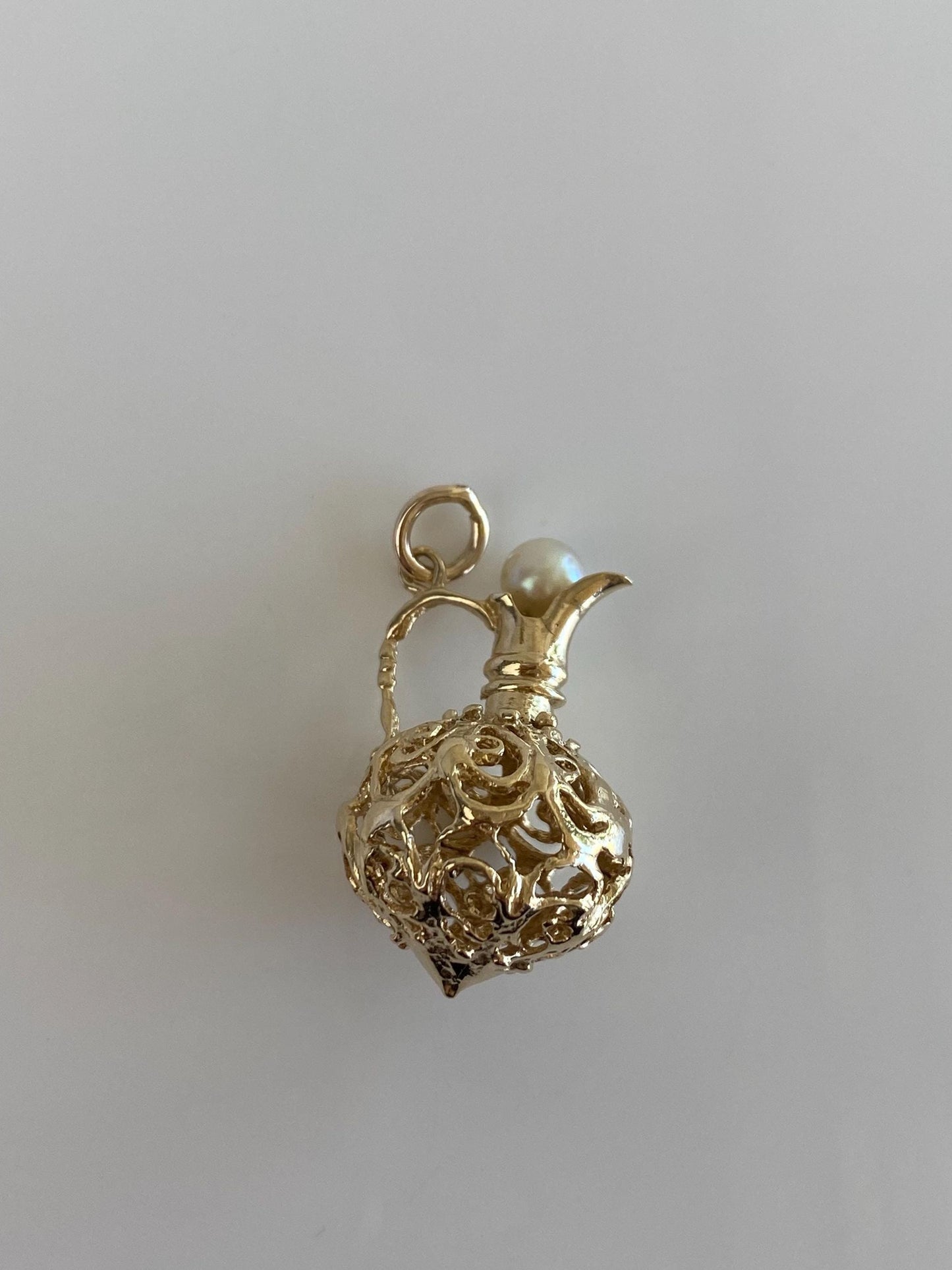 Vintage Solid 14k Yellow Gold Pearl Open Work Pitcher Charm