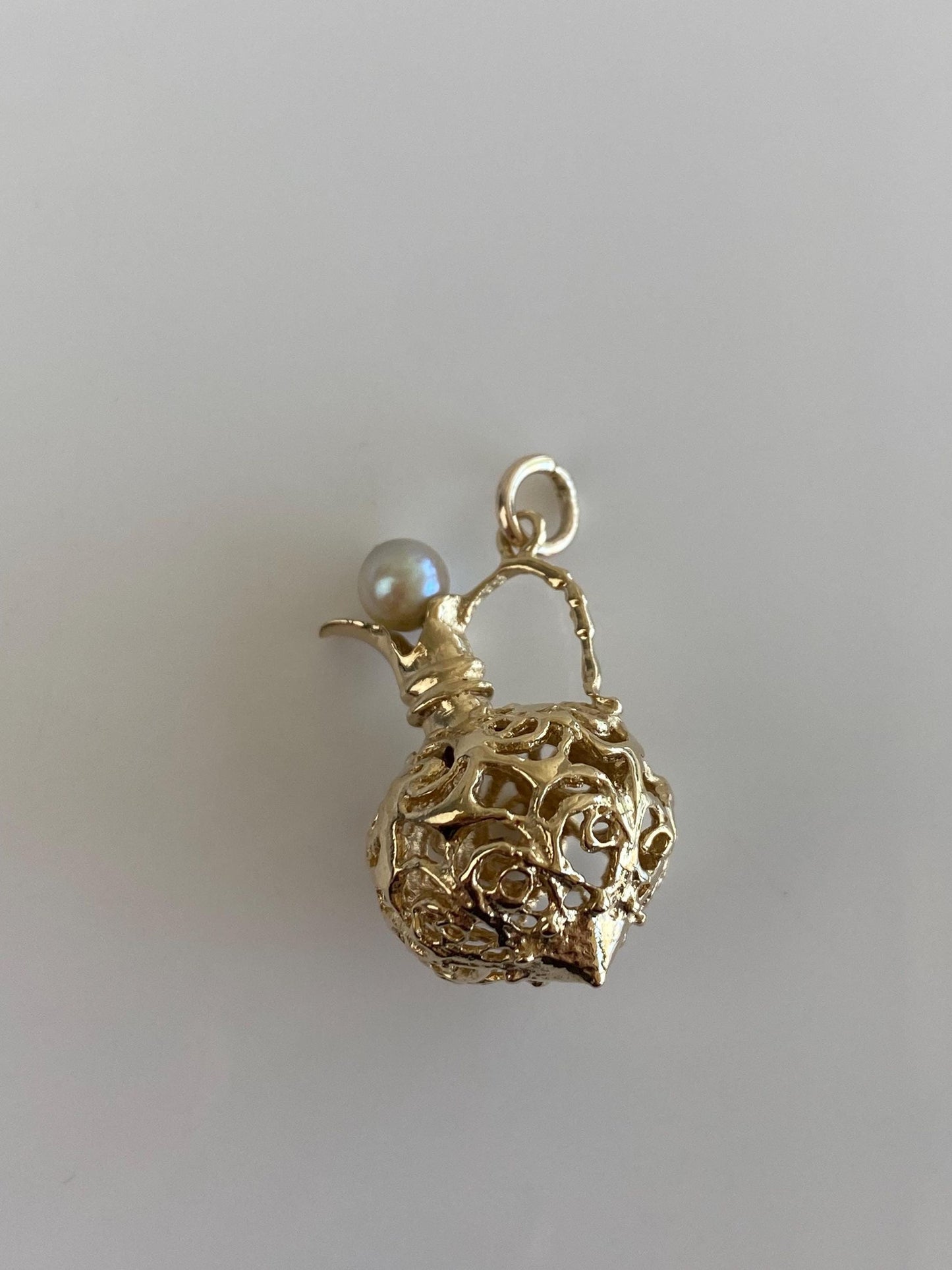 Vintage Solid 14k Yellow Gold Pearl Open Work Pitcher Charm