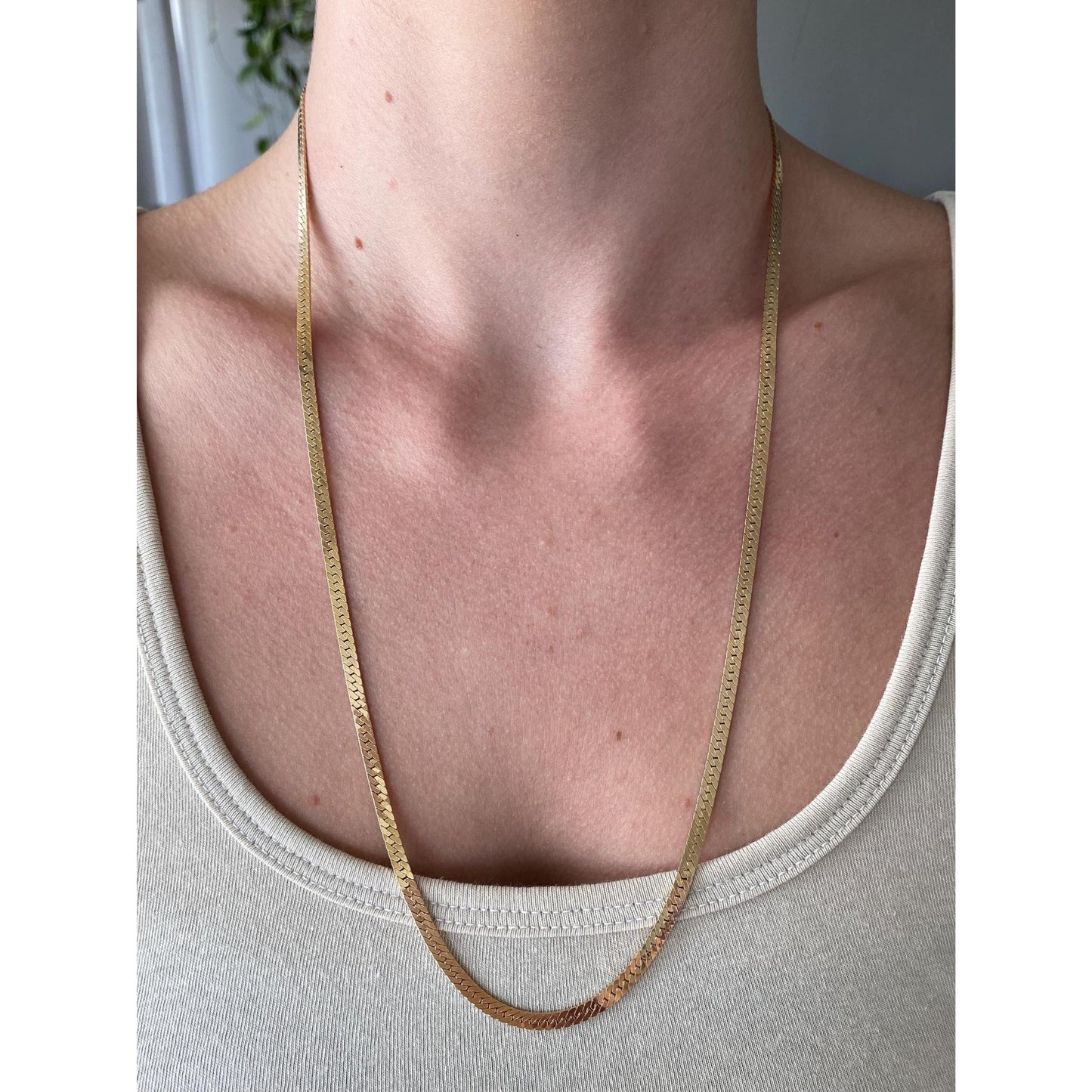 Vintage Solid 14k Yellow Gold Long Herringbone Chain Necklace - 24.25 inches