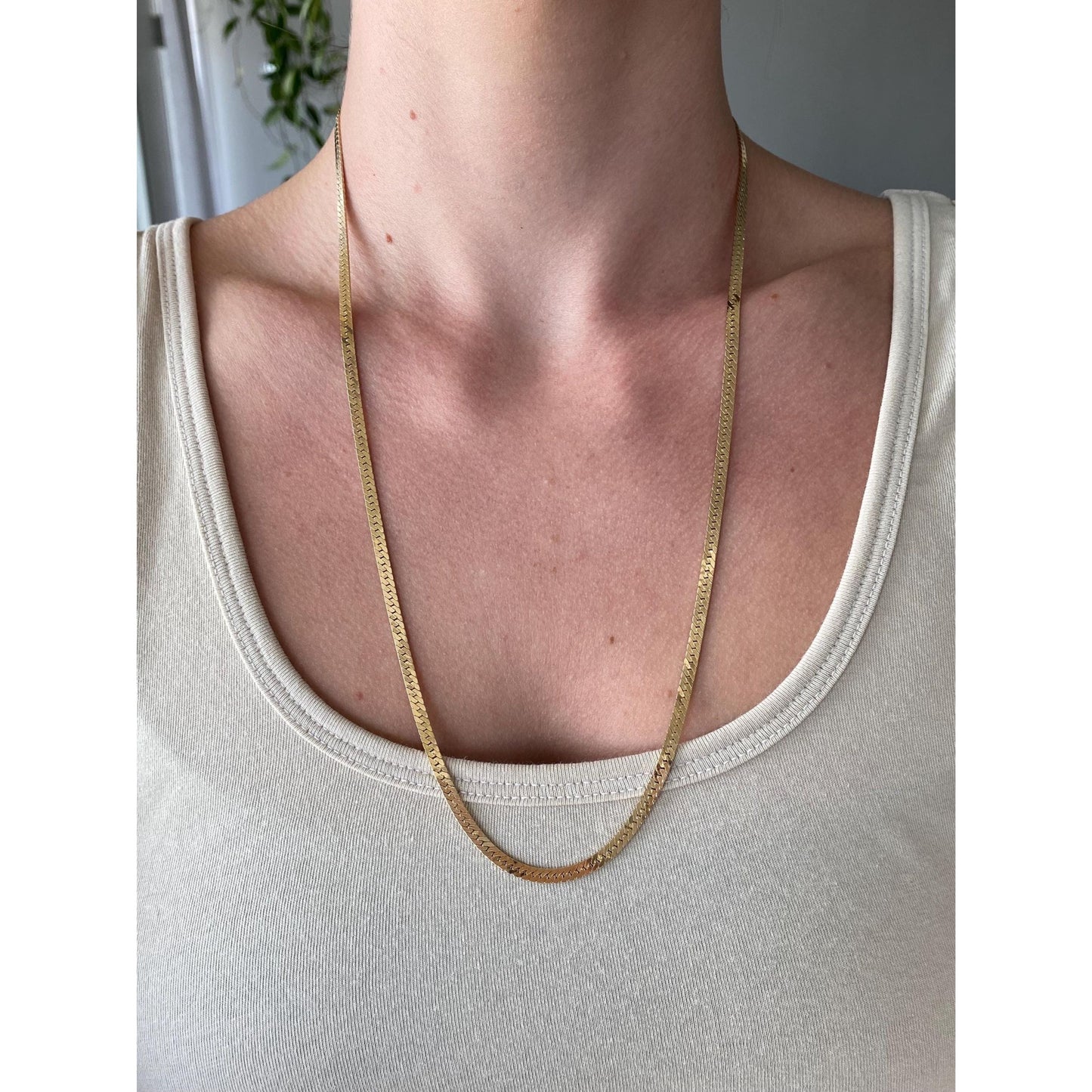 Vintage Solid 14k Yellow Gold Long Herringbone Chain Necklace - 24.25 inches