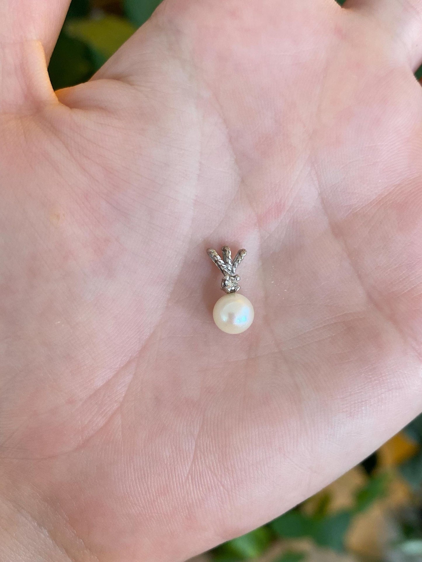 Vintage Solid 14k White Gold Diamond Pearl Charm