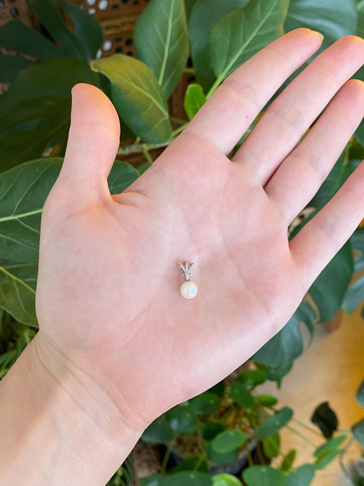 Vintage Solid 14k White Gold Diamond Pearl Charm