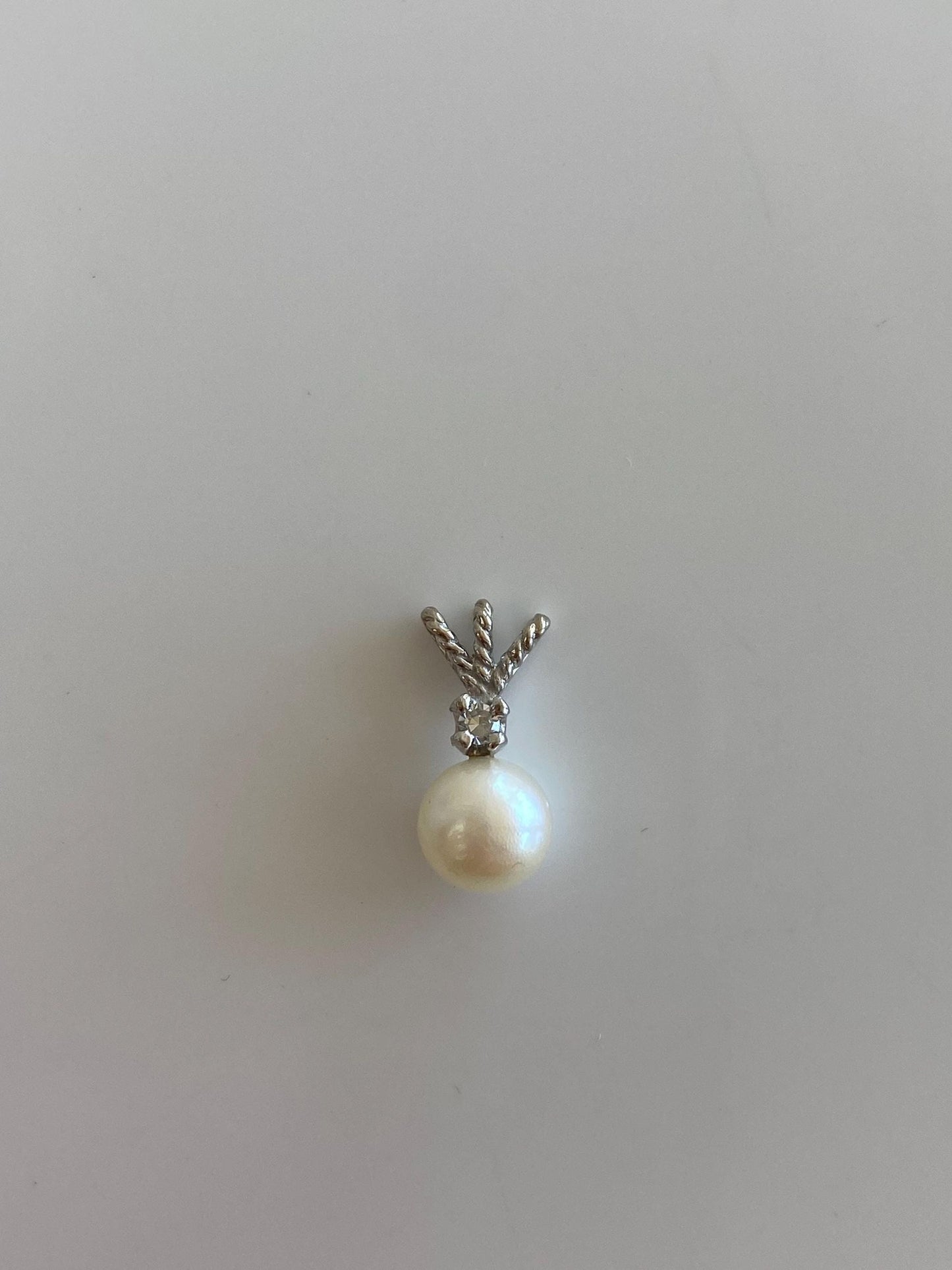 Vintage Solid 14k White Gold Diamond Pearl Charm