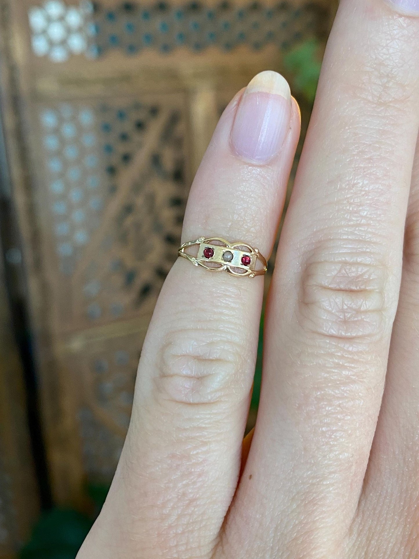 Vintage Solid 9k Yellow Gold Seed Pearl Red Cubic Zirconia Baby Ring