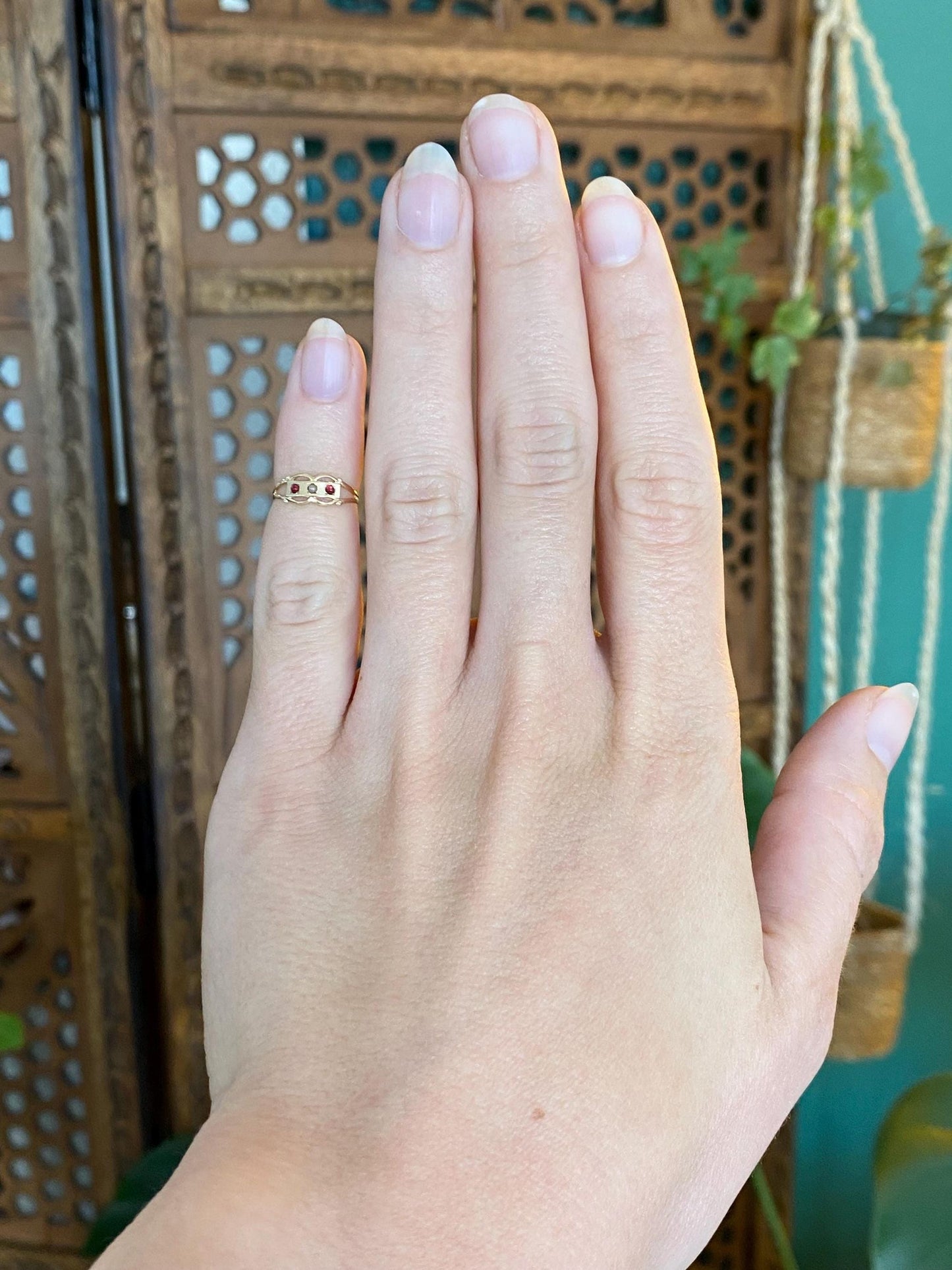Vintage Solid 9k Yellow Gold Seed Pearl Red Cubic Zirconia Baby Ring