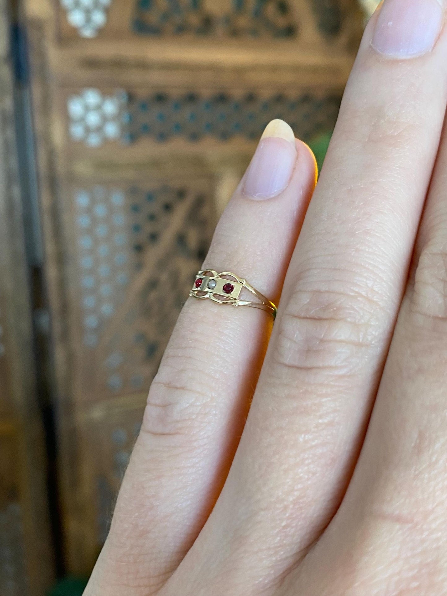 Vintage Solid 9k Yellow Gold Seed Pearl Red Cubic Zirconia Baby Ring