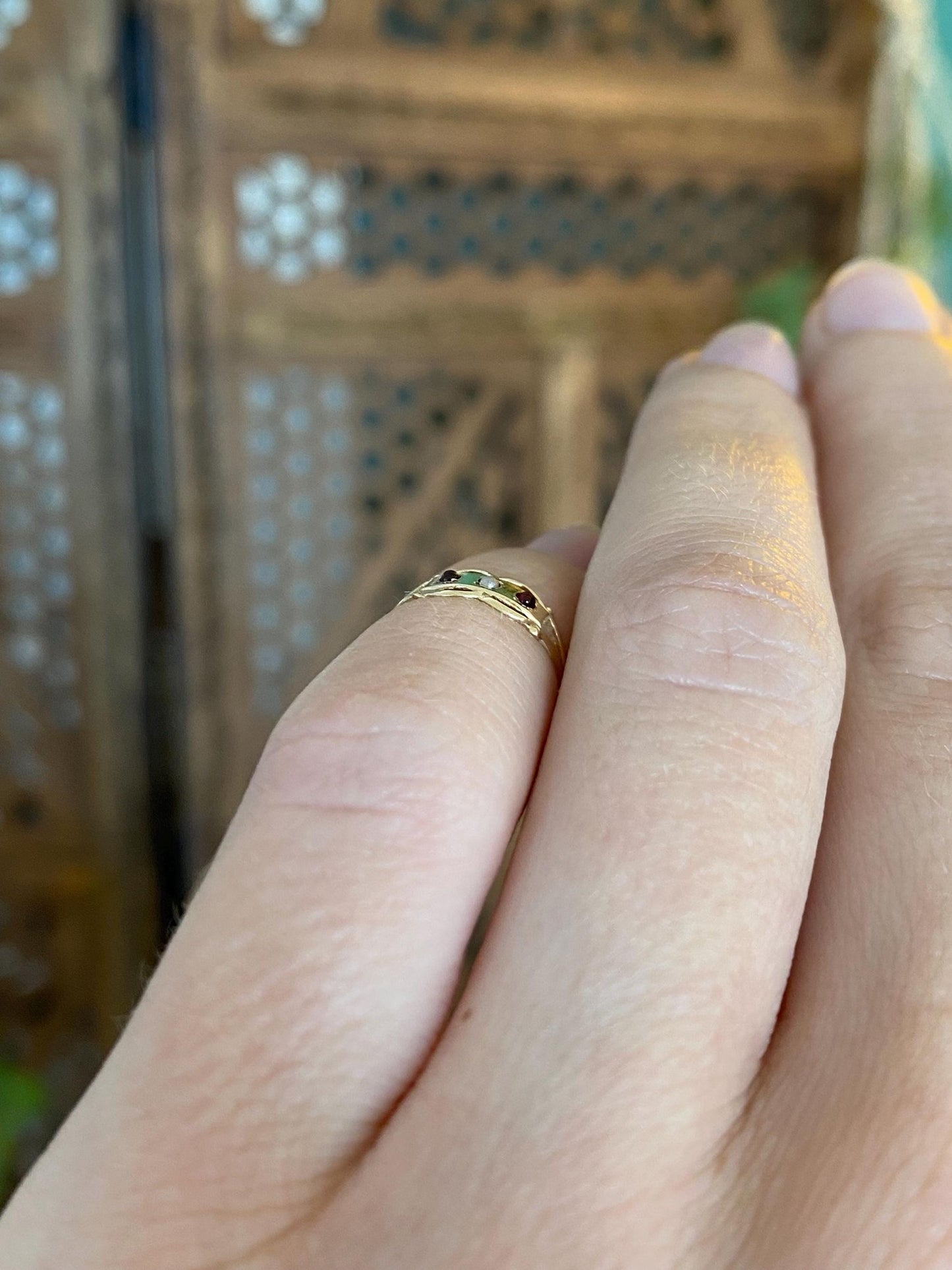 Vintage Solid 9k Yellow Gold Seed Pearl Red Cubic Zirconia Baby Ring
