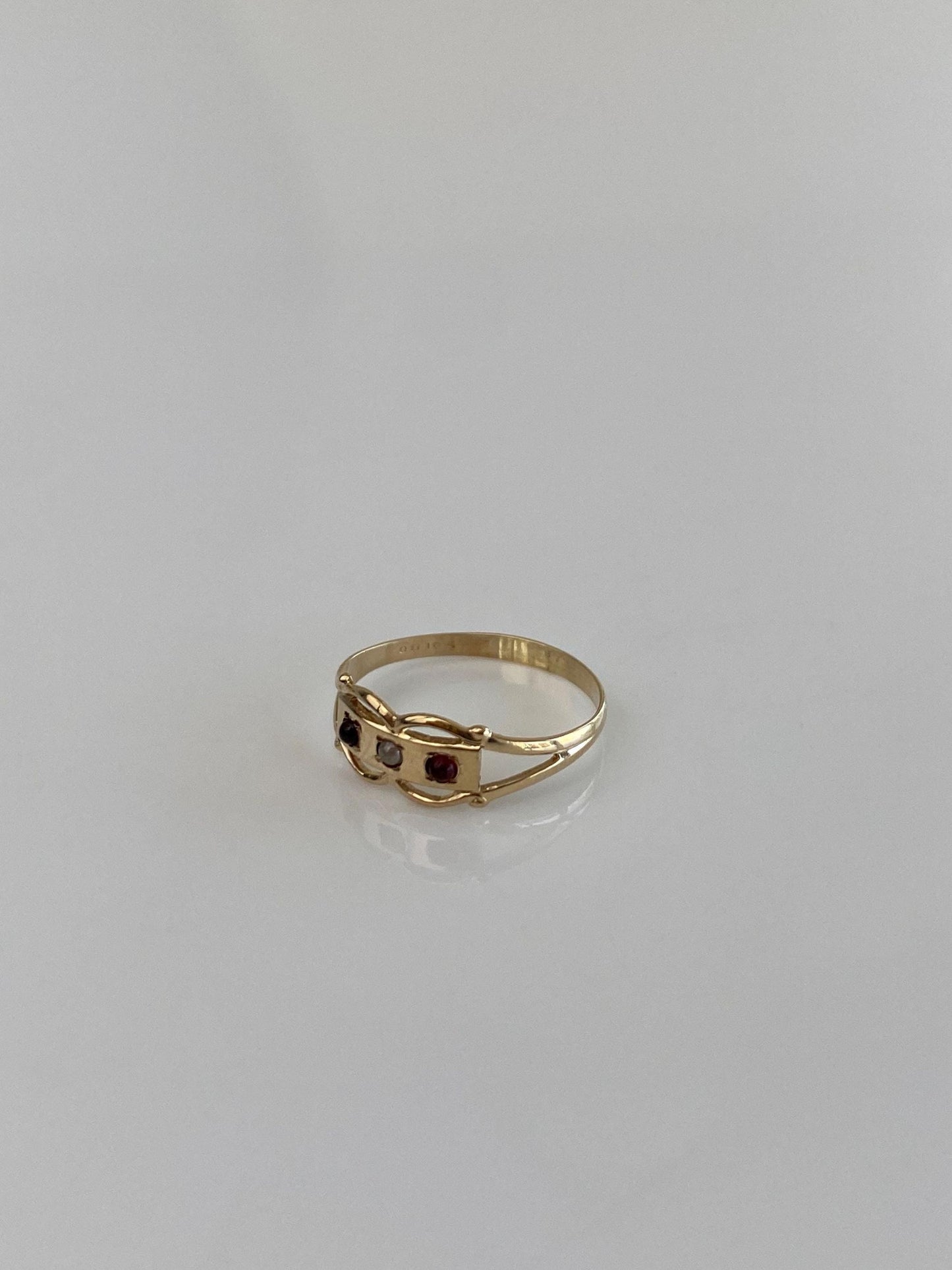 Vintage Solid 9k Yellow Gold Seed Pearl Red Cubic Zirconia Baby Ring