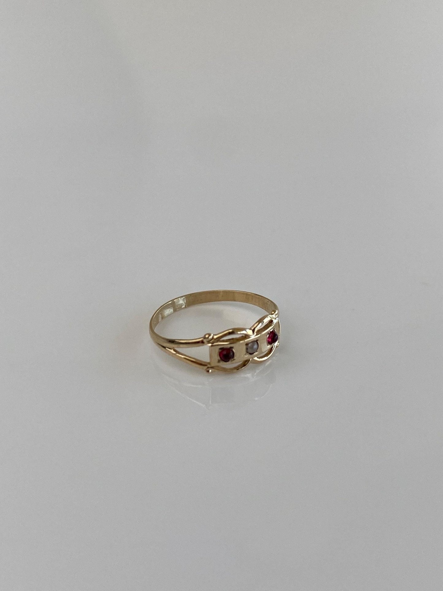 Vintage Solid 9k Yellow Gold Seed Pearl Red Cubic Zirconia Baby Ring